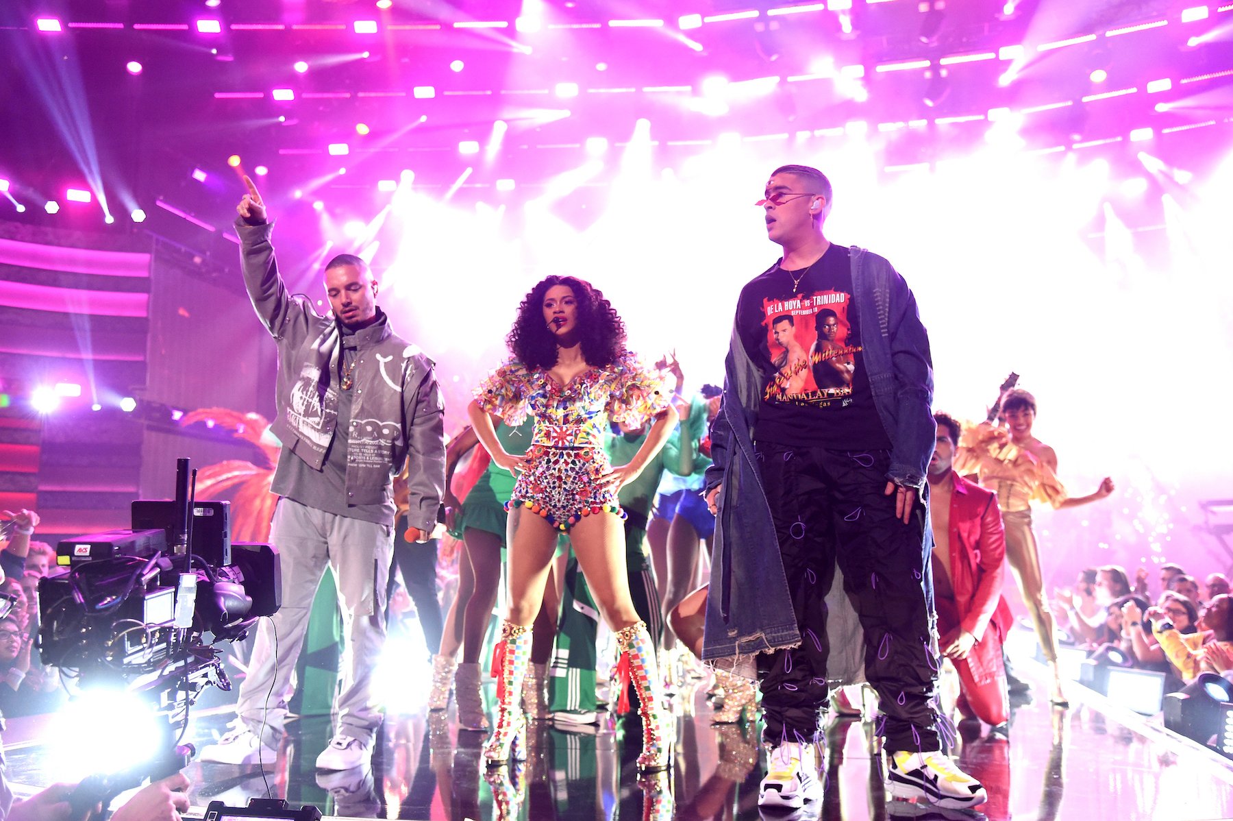 J Balvin, Cardi B, and Bad Bunny perform onstage during the 2018 American Music Awards