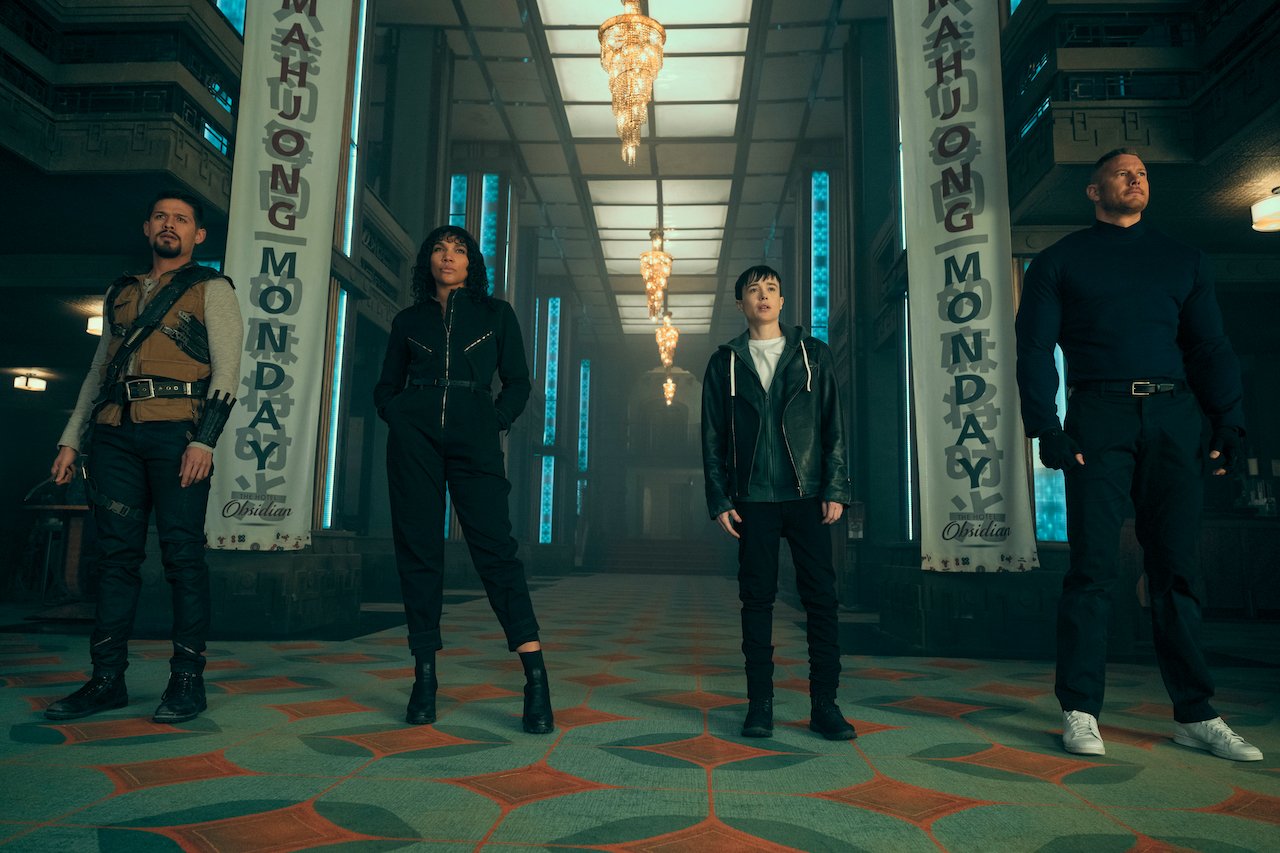 Diego (David Castañeda), Luther (Tom Hopper), Allison (Emmy Raver-Lampman), and Viktor (Elliot Page) in 'The Umbrella Academy' Season 3. 