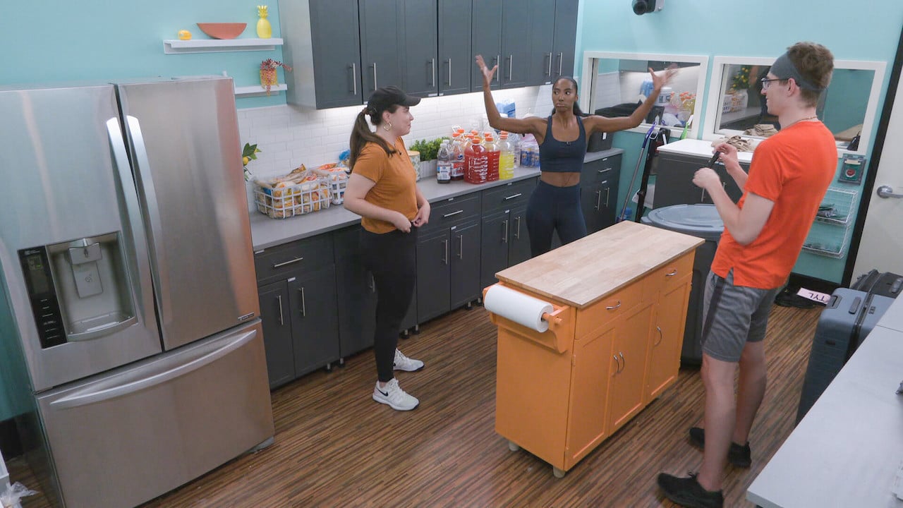 Brittany Hoopes, Taylor Hale and Michael Bruner talk in the storage room on 'Big Brother 24'.