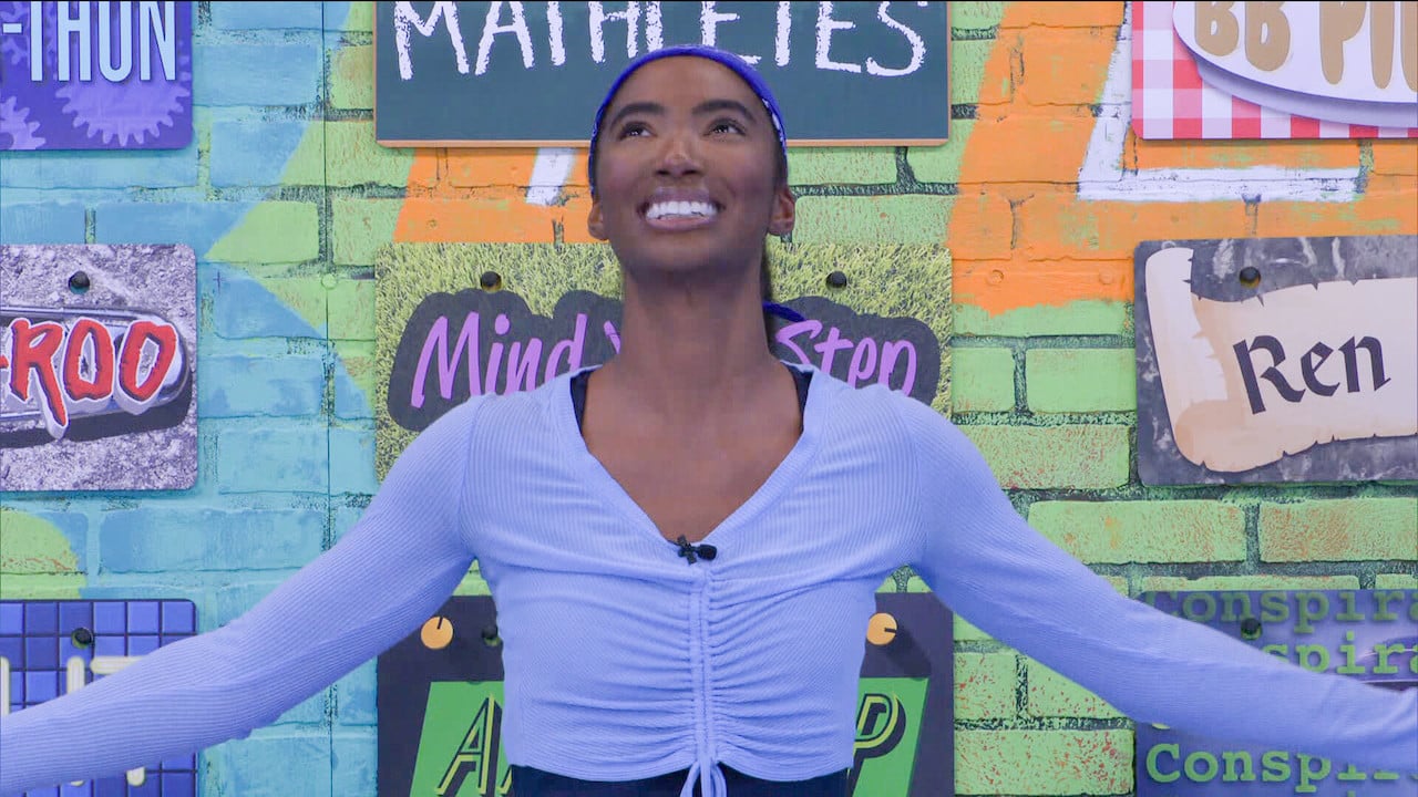 Taylor Hale wears a blue top and looks up smiling on 'Big Brother 24'.