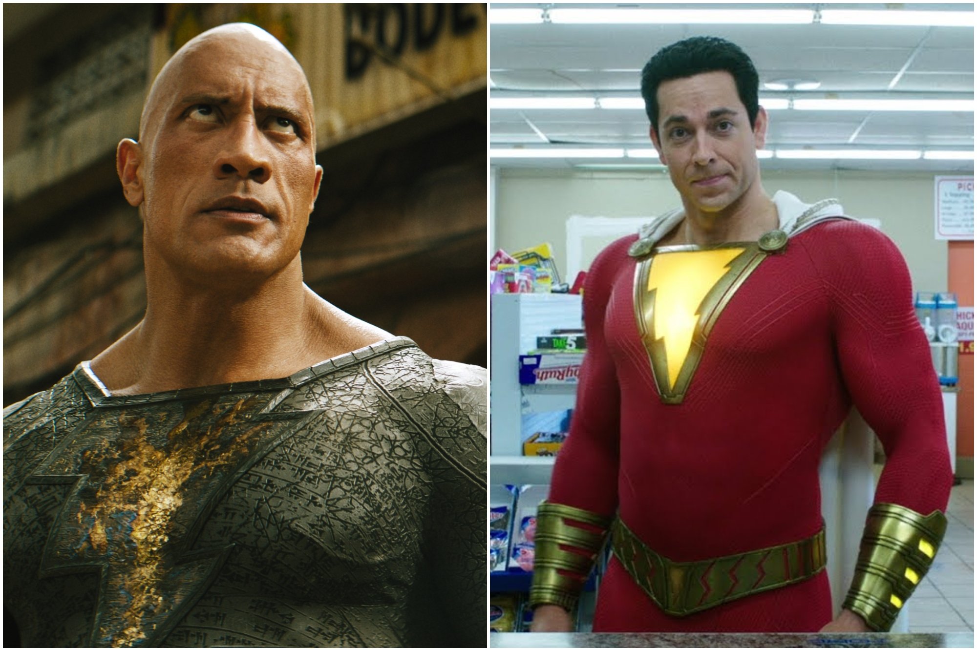 'Black Adam' Dwayne 'The Rock' Johnson as Black Adam, Zachary Levi as Shazam in 'Shazam!' Black Adam is looking off to the side with a serious look. Shazam is looking straight ahead with a slight smile inside of a store.