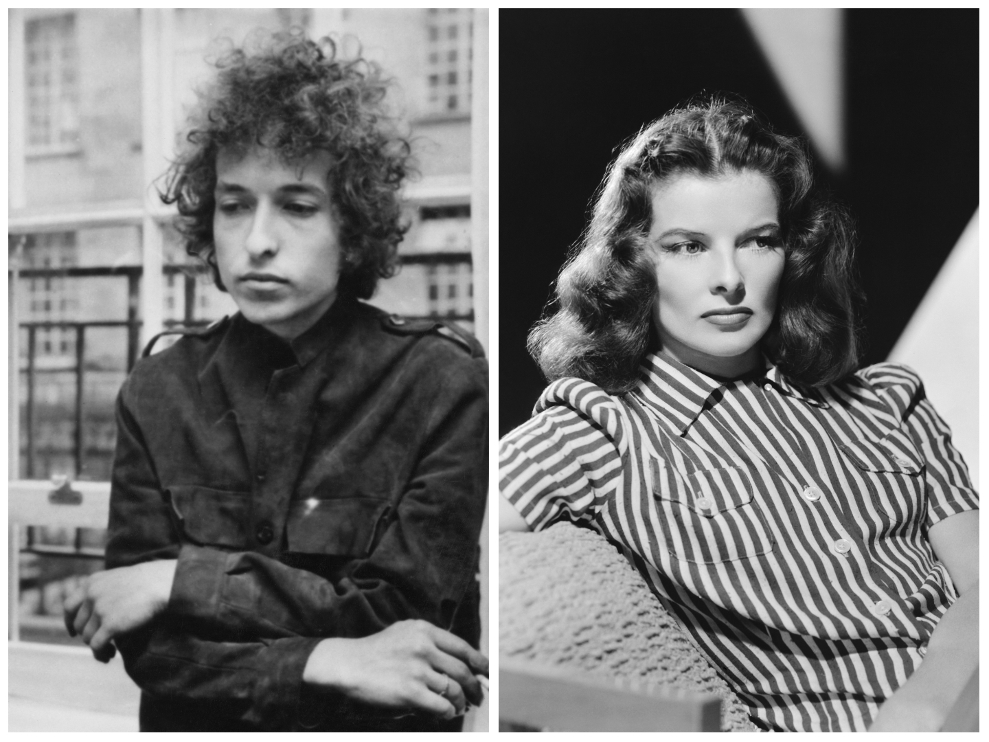 A black and white picture of Bob Dylan standing near a window. Katharine Hepburn sits on a couch.