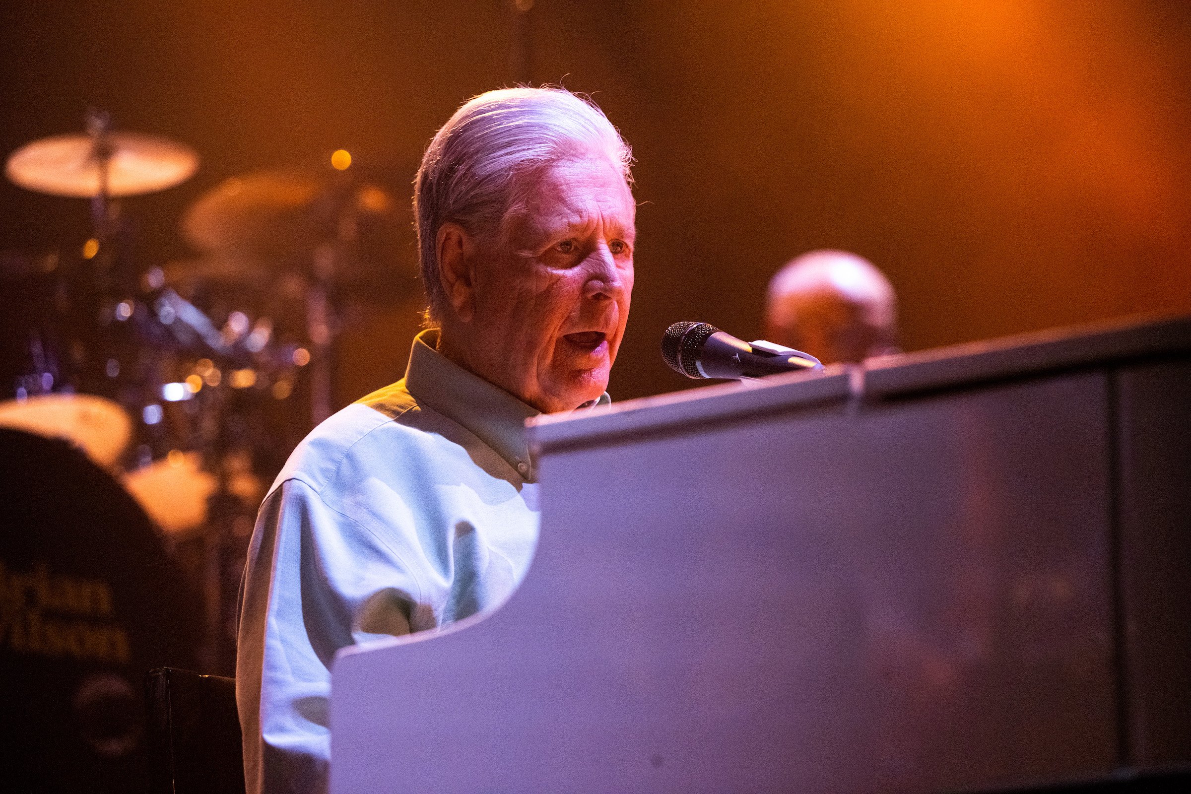 Musician Brian Wilson, founding member of The Beach Boys, performs on stage at the Kia Forum
