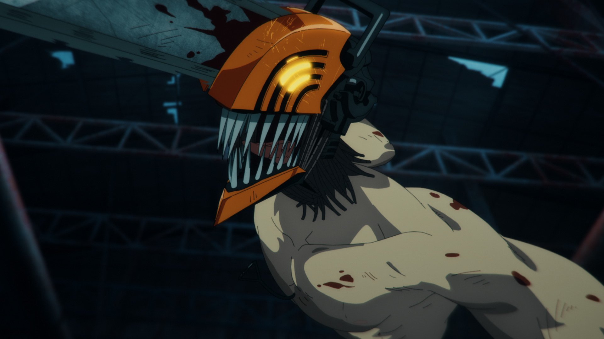 Denji in his Chainsaw Devil form in 'Chainsaw Man' for our list of horror anime. His head is an orange chainsaw, and he's got blood on his torso.