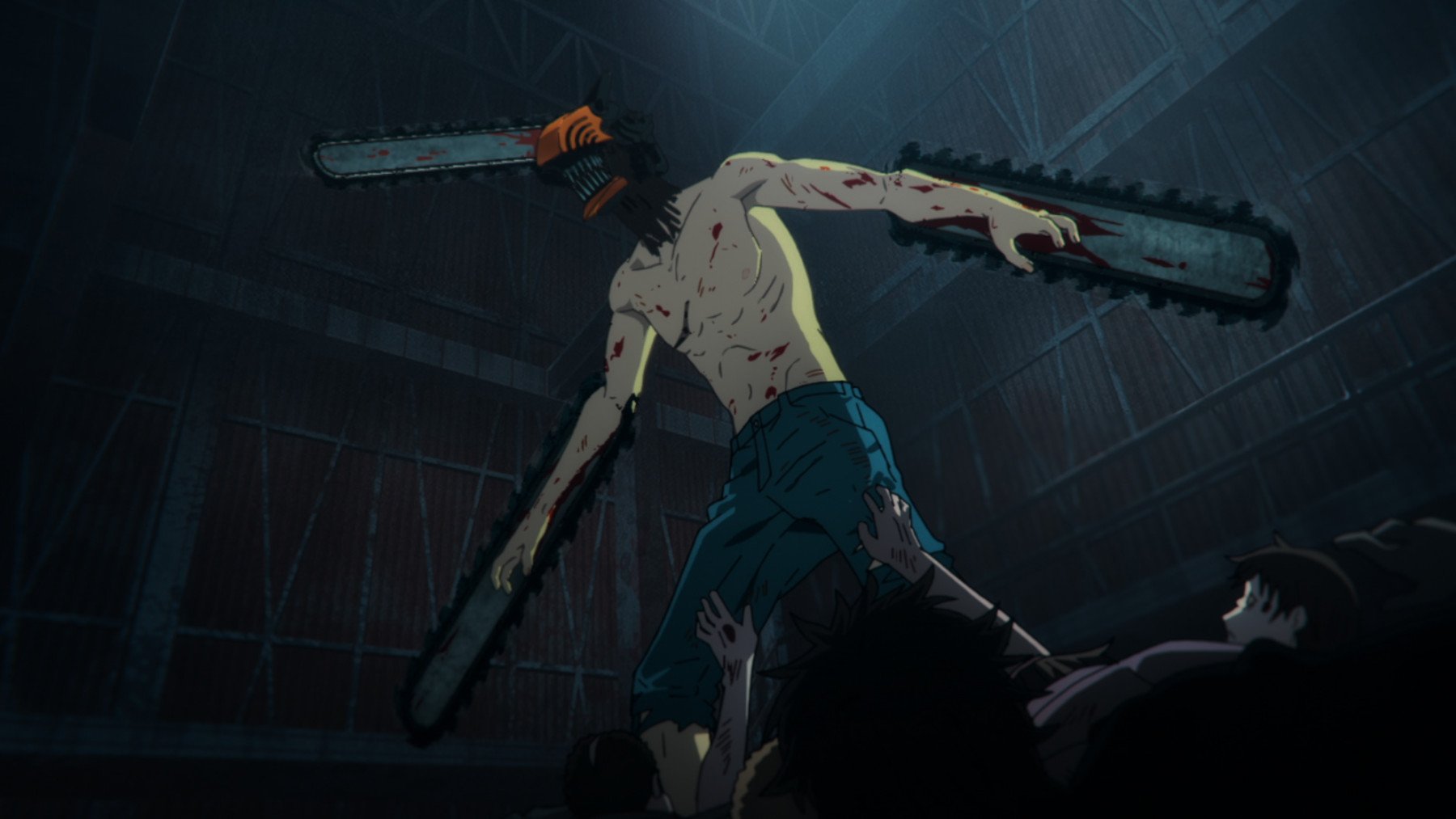 Denji in his Chainsaw Devil form for our article about how 'Chainsaw Man' is not canceled in the U.S. He's shirtless, has chainsaws sticking out of his head and arms, and is standing over several bodies.