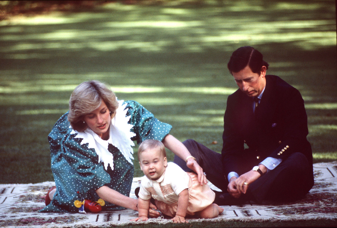 Princess Diana, Prince William, and King Charles III in April 1983.