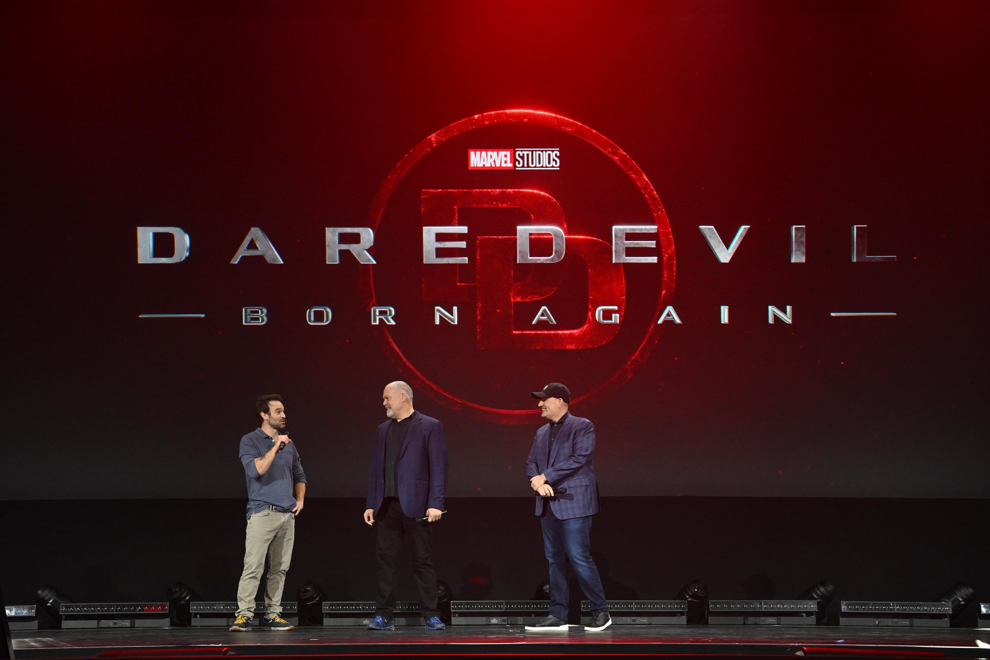 Charlie Cox, Vincent D'Onofrio, and Kevin Feige speak onstage about Daredevil: Born Again at the 2022 D23 Expo