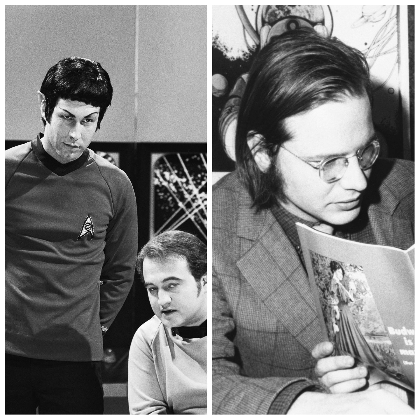 Chevy Chase and John Belushi in a Star Trek sketch. Doug Kenney looks at a magazine.