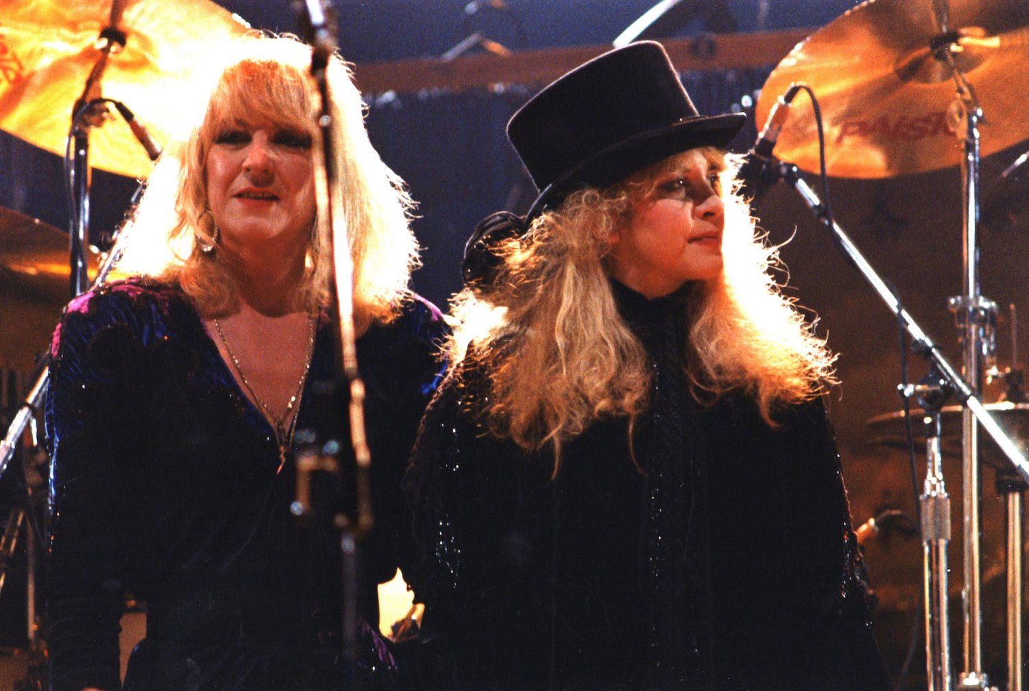 Christine McVie and Stevie Nicks of Fleetwood Mac perform on stage at Wembley Arena