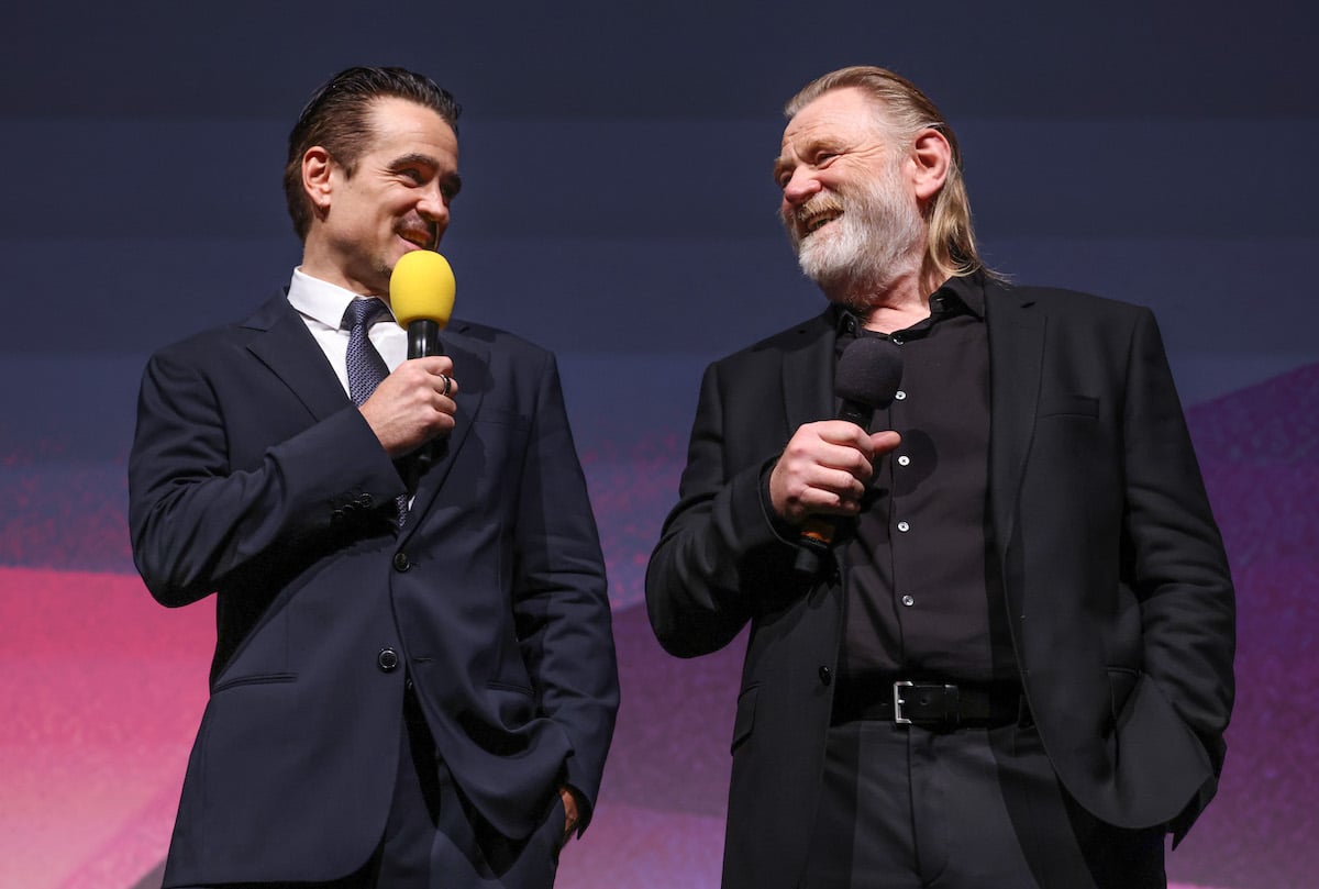 Colin Farrell and Brendan Gleeson speak on stage as they attend "The Banshees of Inisherin" UK Premiere