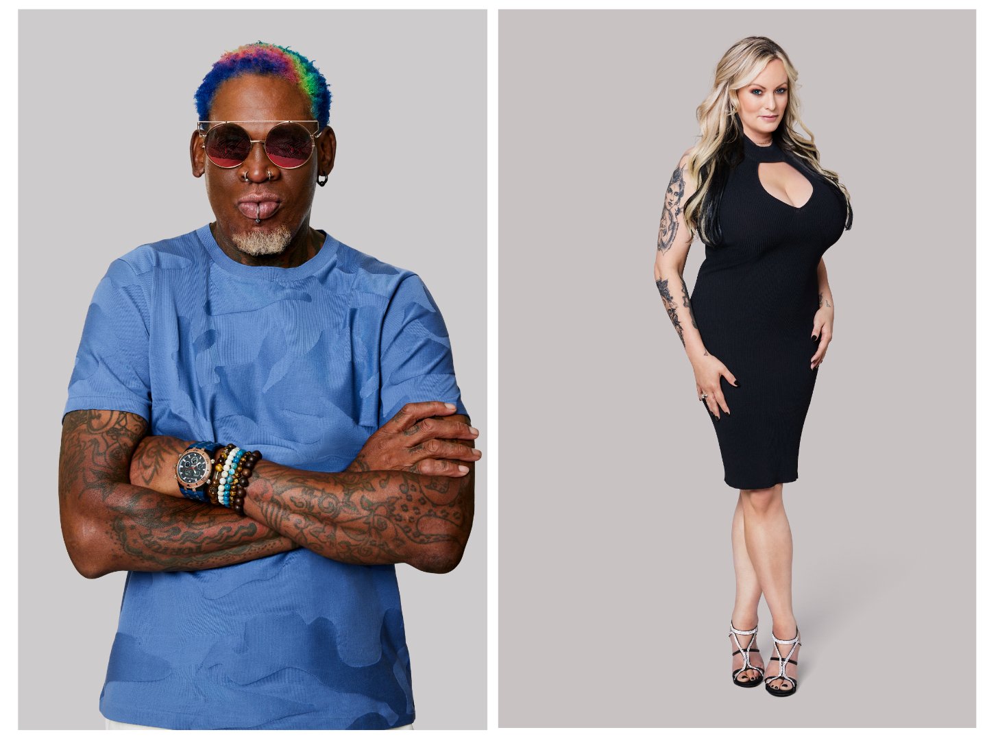 side by side portraits of 'The Surreal Life' cast members Dennis Rodman and Stormy Daniels