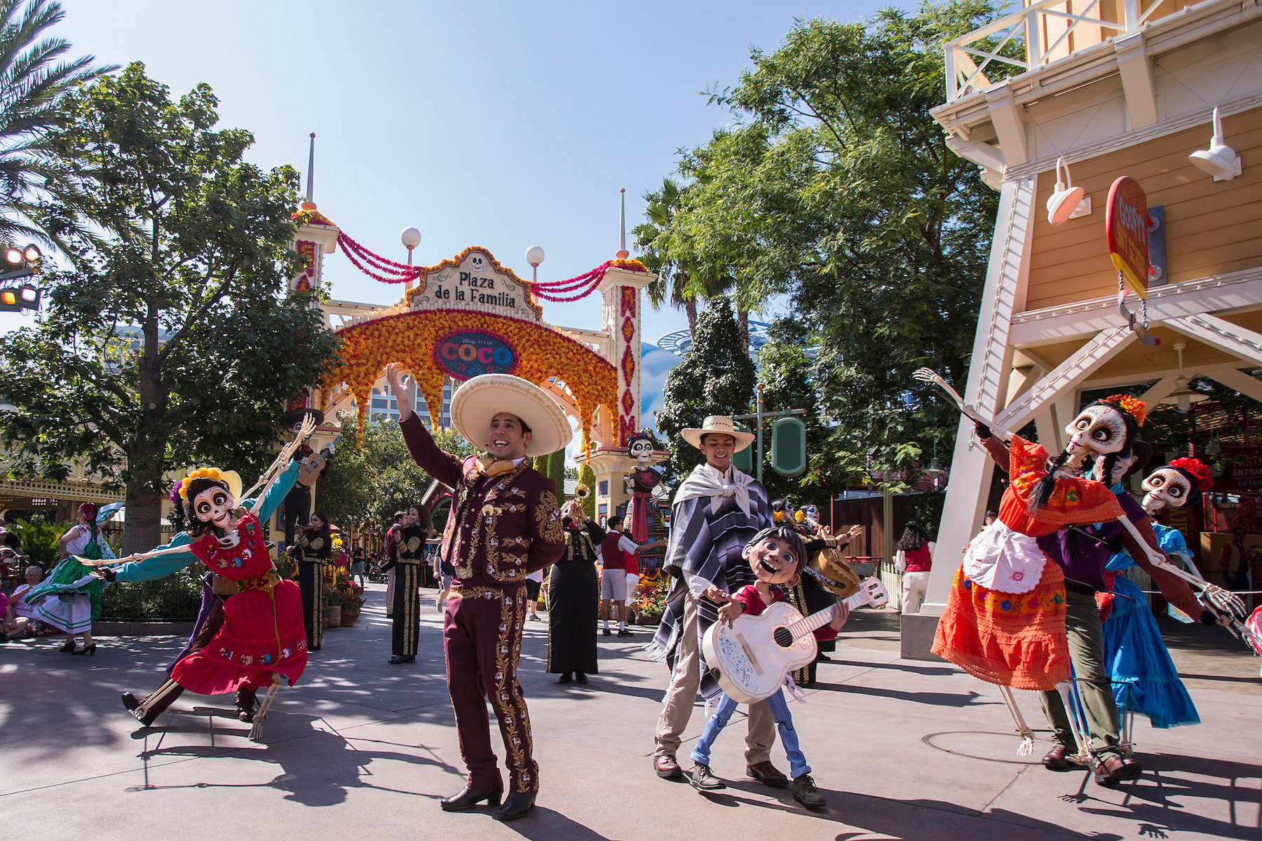 'Coco' characters at Plaza de la Familia at Disney California Adventure Park
