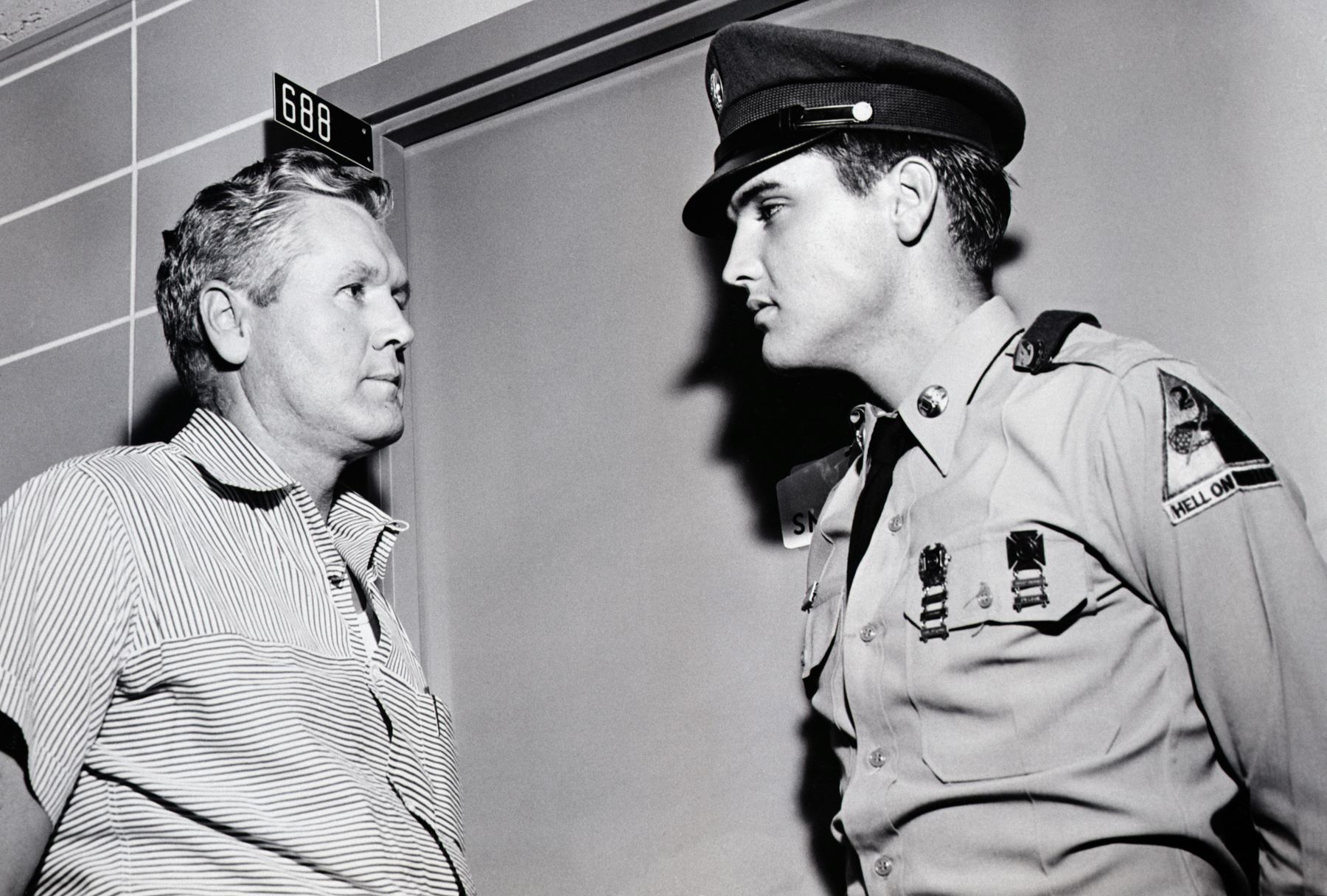 Elvis Presley and his father Vernon Presley at a hospital in Memphis, Tennessee