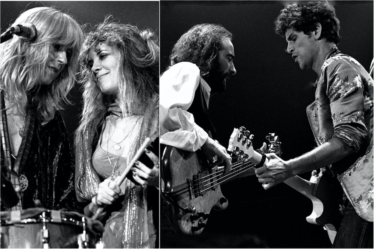 Christine McVie and Stevie Nicks (left) and John McVie and Lindsey Buckingham (right) tour in 1977 after Fleetwood Mac released'Rumours.'