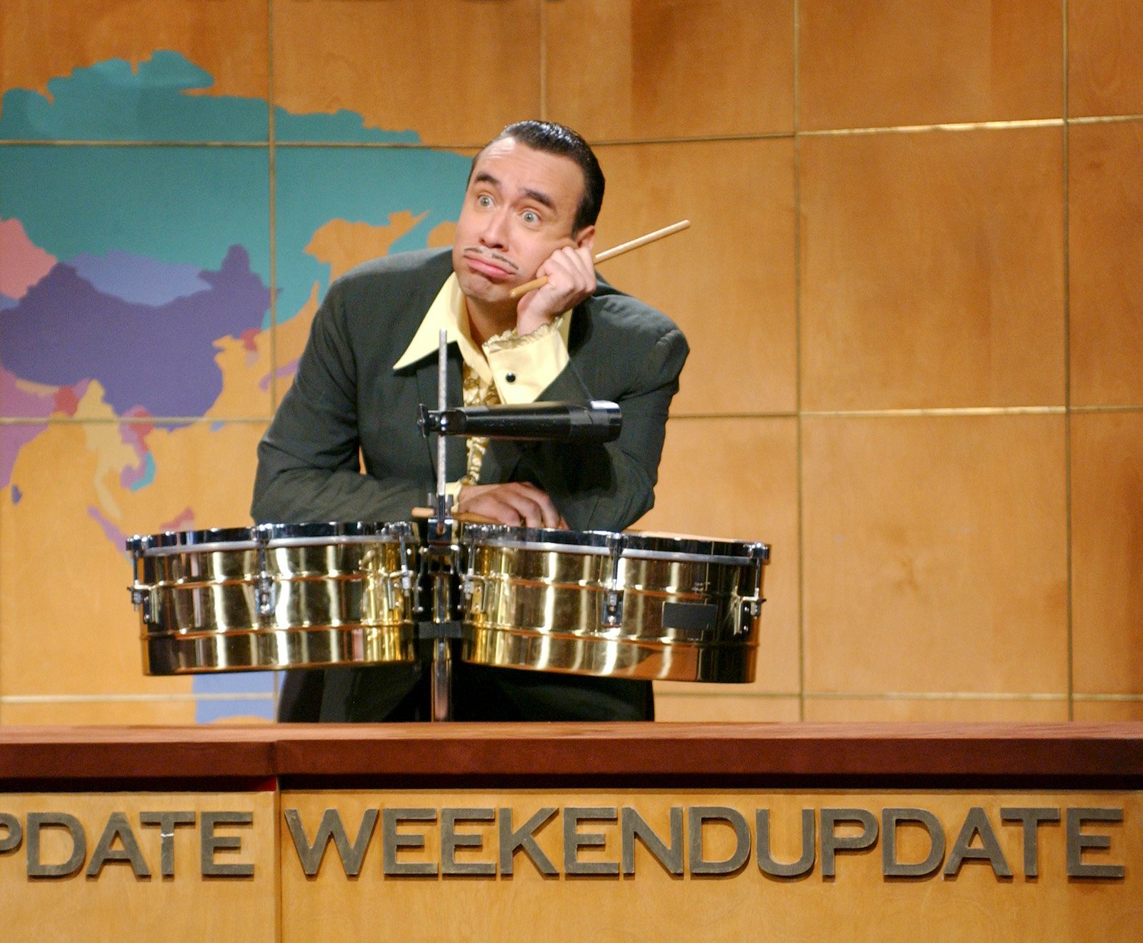 Fred Armisen leans on drums as Fericito on 'Weekend Update' on SNL