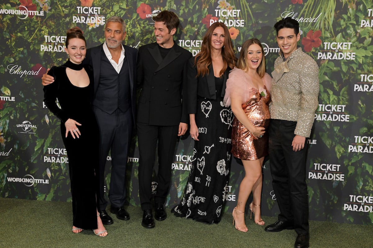 Kaitlyn Dever, George Clooney, Lucas Bravo, Julia Roberts, Billie Lourd, and Maxime Bouttier attend the premiere of Ticket To Paradise