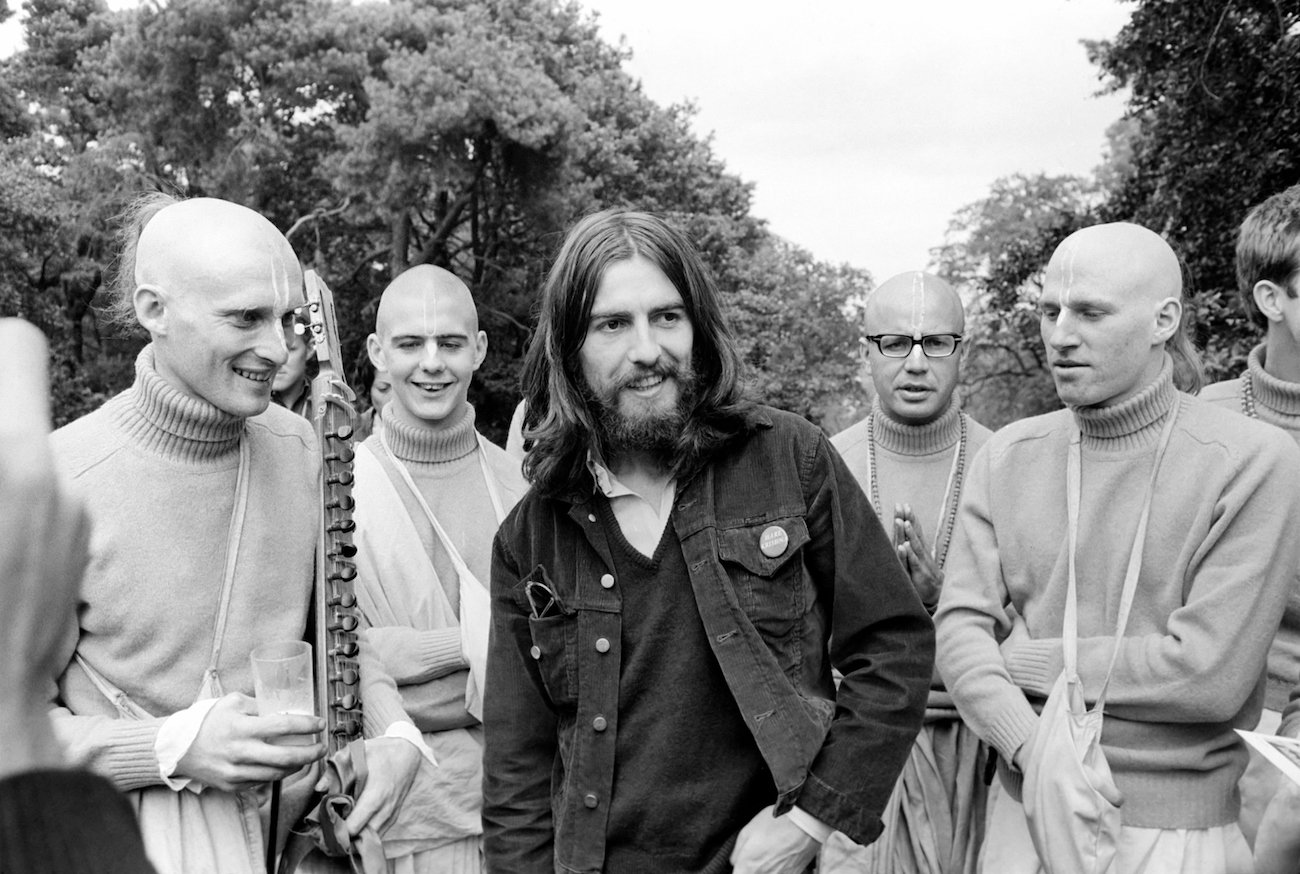 George Harrison with members of the Hare Krishna Temple in 1969.