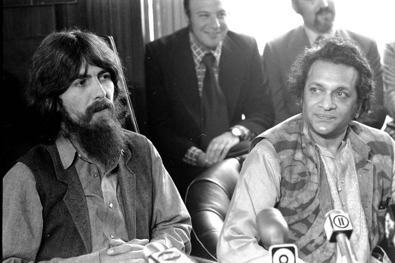 George Harrison and Ravi Shankar at a press conference for the Concert for Bangladesh. 