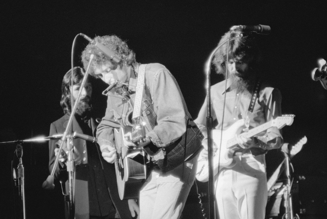 George Harrison and Bob Dylan performing at the Concert for Bangladesh in 1971.