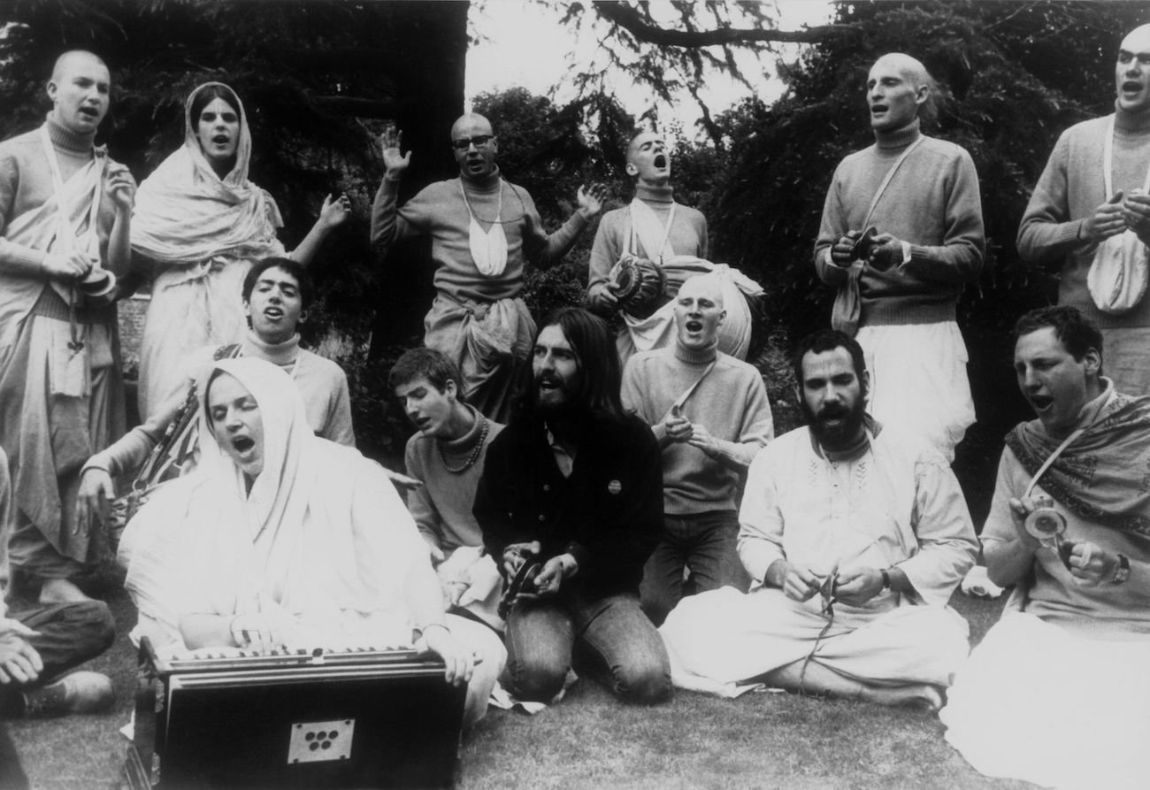 George Harrison with members of the Hare Krishna Temple in 1970.