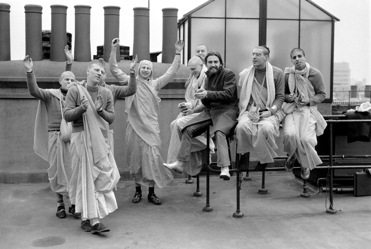 George Harrison and members of the Hare Krishna Temple in 1970.