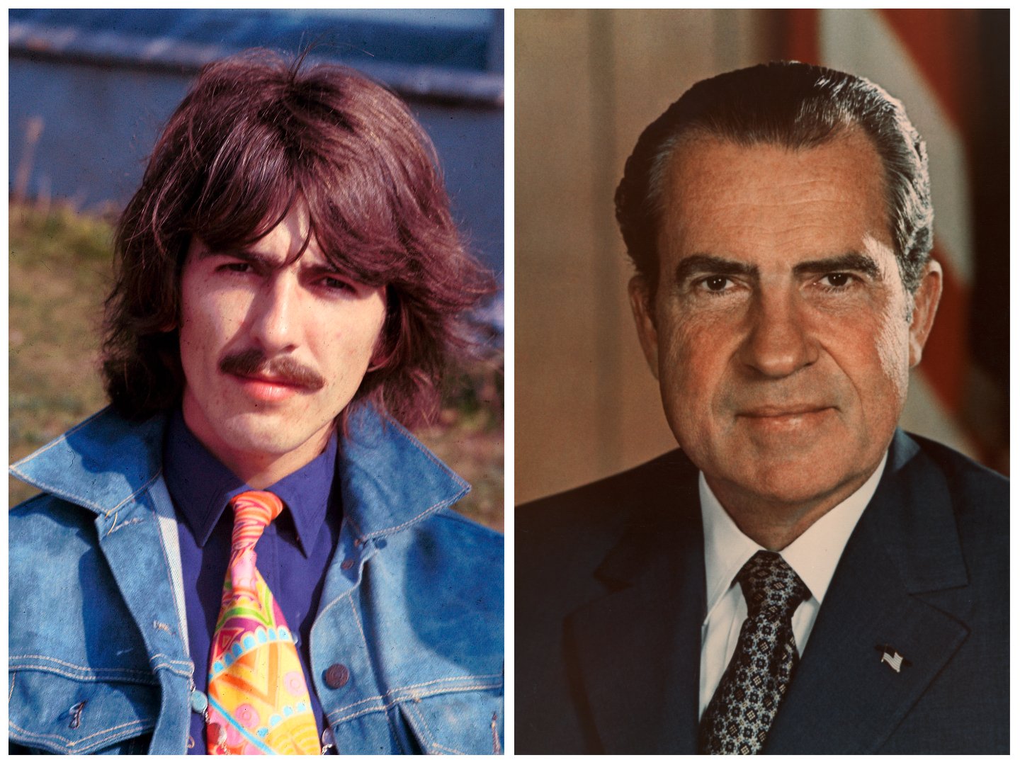 George Harrison sits outside near water. Richard Nixon sits in front of an American flag.