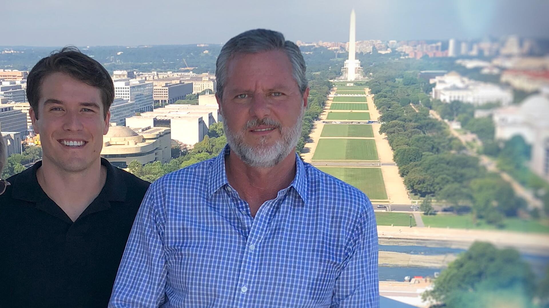 'God Forbid: The Sex Scandal That Brought Down A Dynasty' photo showing Giancarlo Granda and Jerry Falwell Jr. in a photo in front of the Washington Memorial.