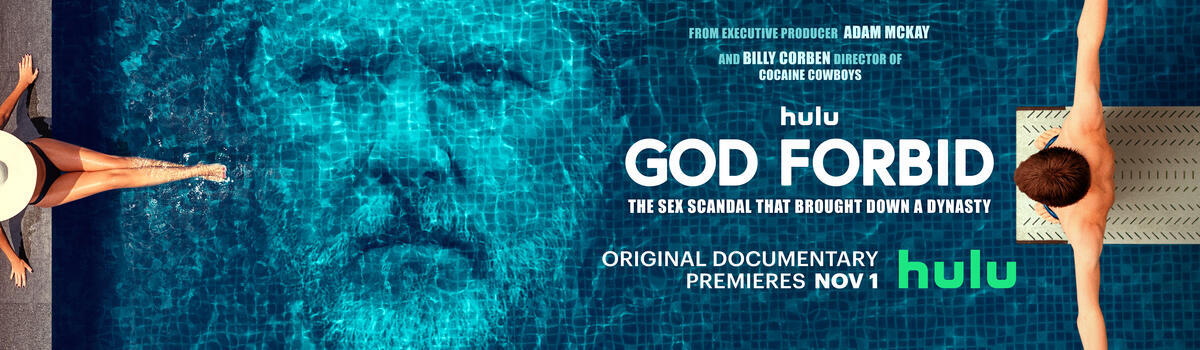 'God Forbid: The Sex Scandal That Brought Down A Dynasty' poster shows an image of Jerry Falwell Jr. beneath the water of a pool while a man gets ready to dive off the diving board.