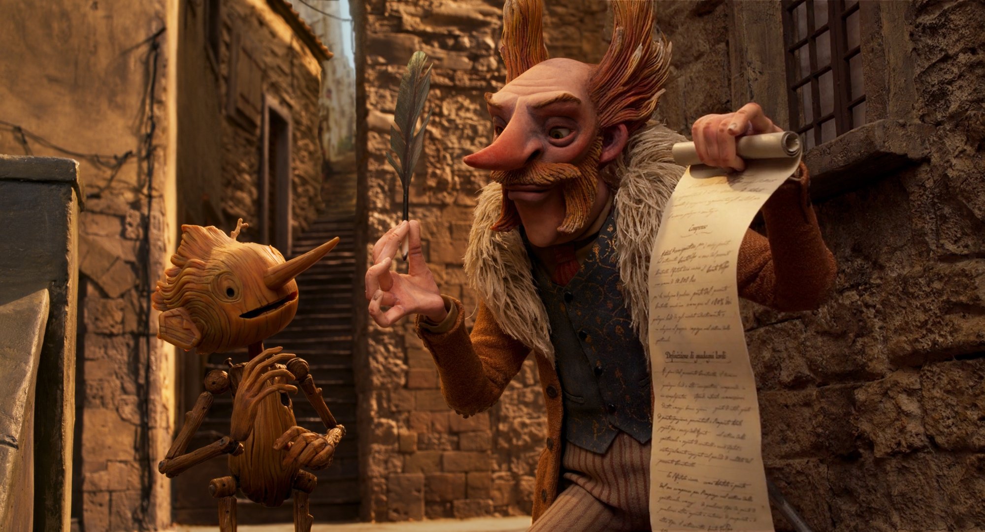 'Guillermo del Toros Pinocchio' Pinocchio (gesprochen von Gregory Mann) und Graf Volpe (gesprochen von Christoph Waltz). Volpe hält einen Vertrag und eine Feder in Richtung Pinocchio.