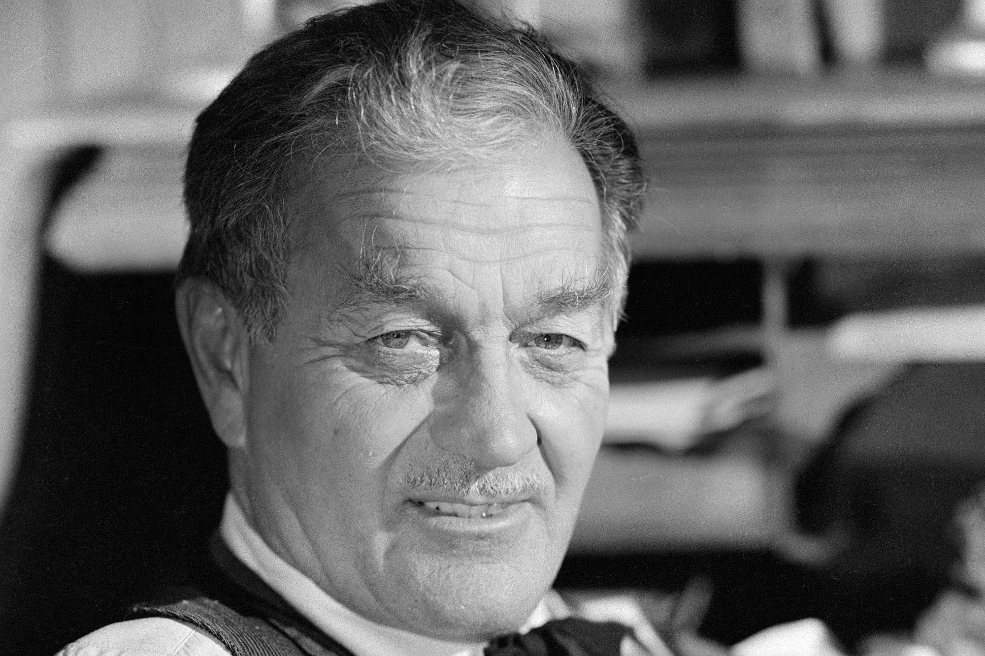 'Gunsmoke' Milburn Stone as Doc Adams in a black-and-white picture looking straight ahead wearing a collared shirt and vest