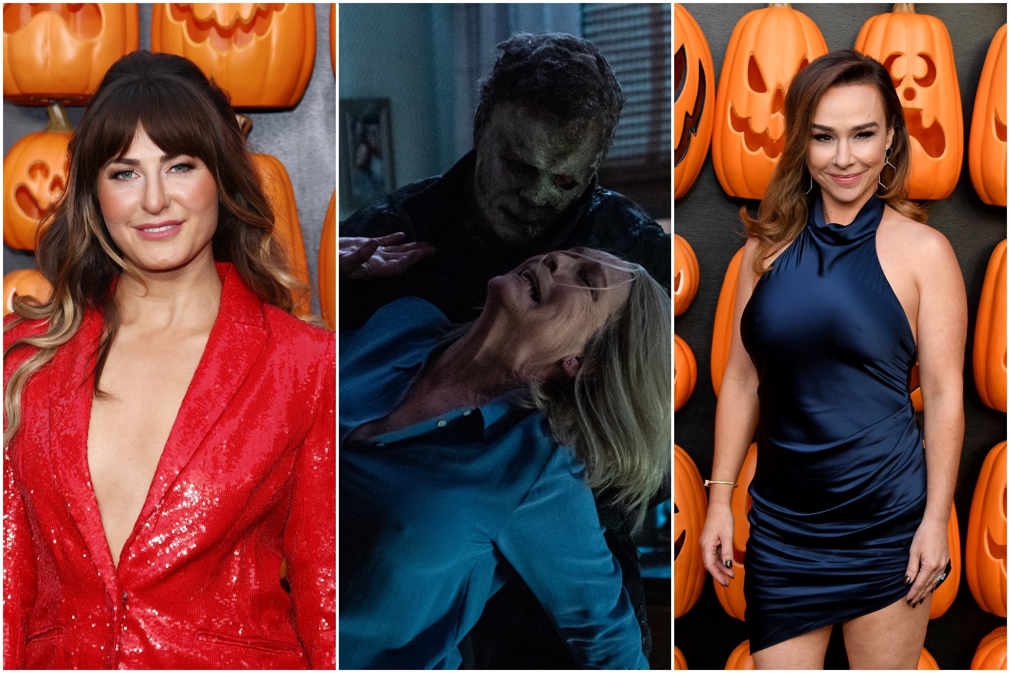 'Halloween Ends' Scout Taylor-Compton, James Jude Courtney as Michael Myers, Jamie Lee Curtis as Laurie Strode, and Danielle Harris in a collage. Taylor-Compton and Harris are in front of pumpkin backdrop. In center image, Curtis and Courtney are fighting.