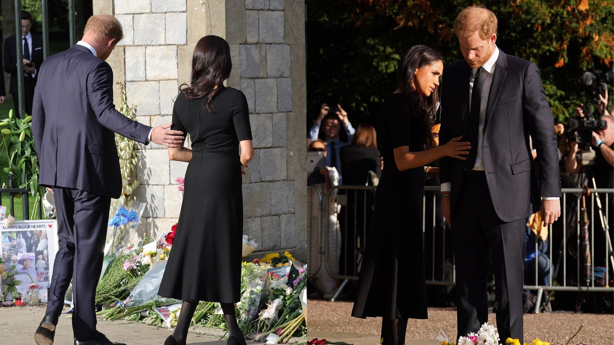 (L) Harry touches Meghan's arm (R) Meghan touches Harry's stomach