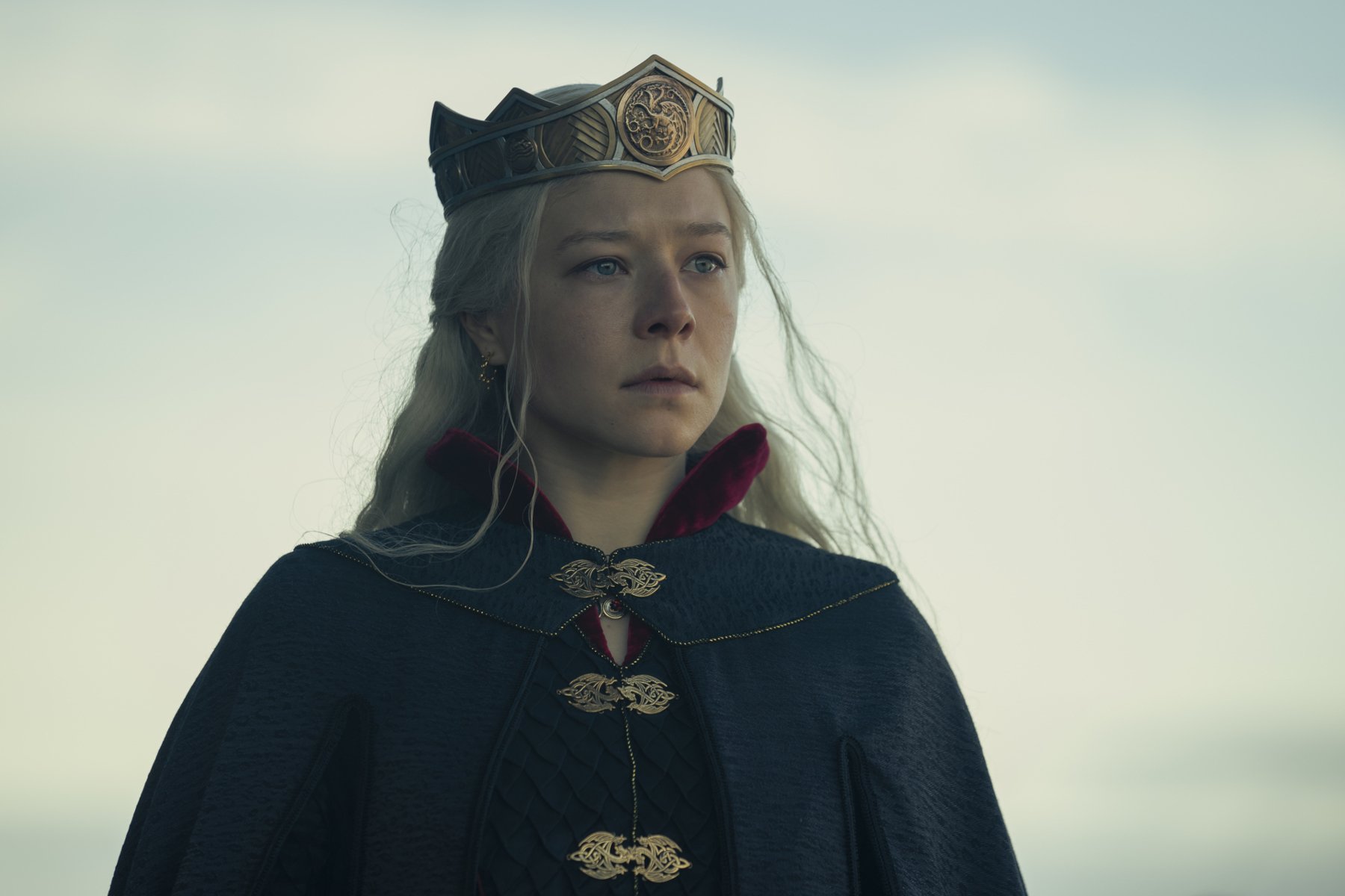 Emma D'Arcy as Rhaenyra Targaryen in 'House of the Dragon' for our article about season 2. She's wearing a crown and looks conflicted.
