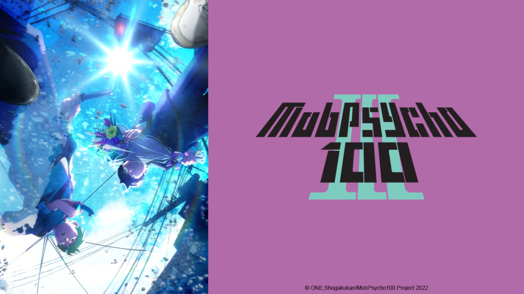 Key art for 'Mob Psycho 100' Season 3 for our article about how many episodes are in it. It features a poster with Mob and Reigen on the left and the anime's logo against a purple background on the right.