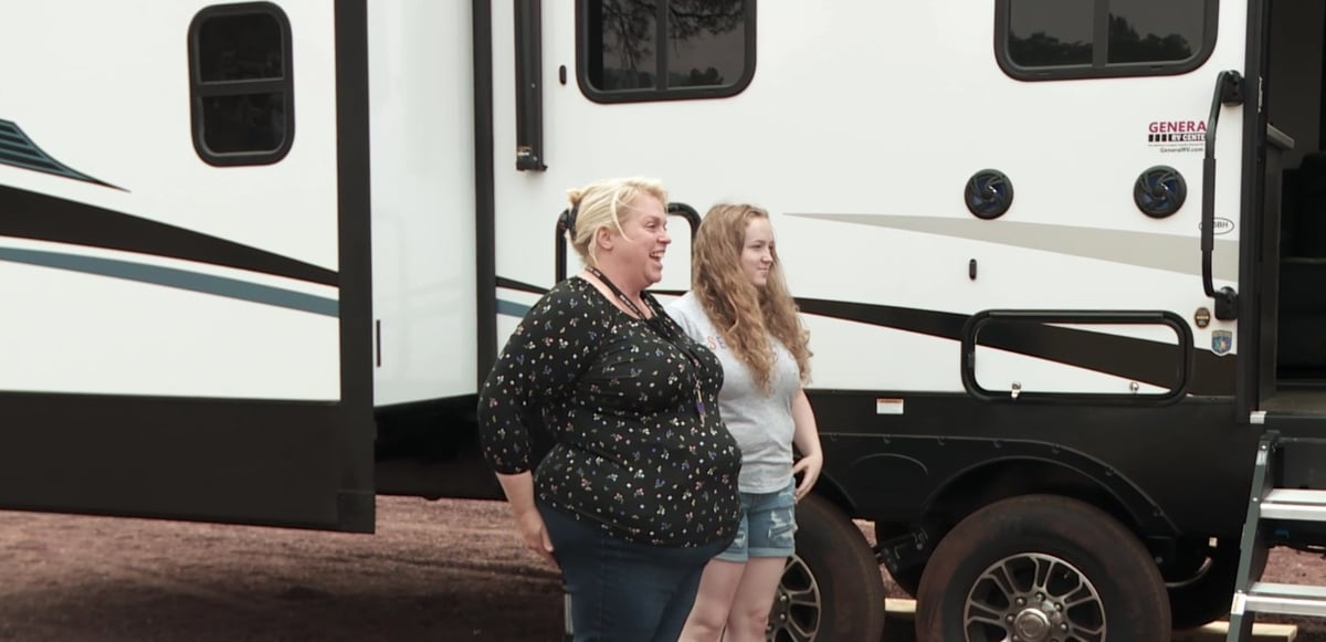 Janelle Brown and her daughter, Savannah Brown, stand outside their fifth wheel trailer on the Coyote Pass property in Flagstaff, Arizona on 'Sister Wives' Season 17 on TLC.