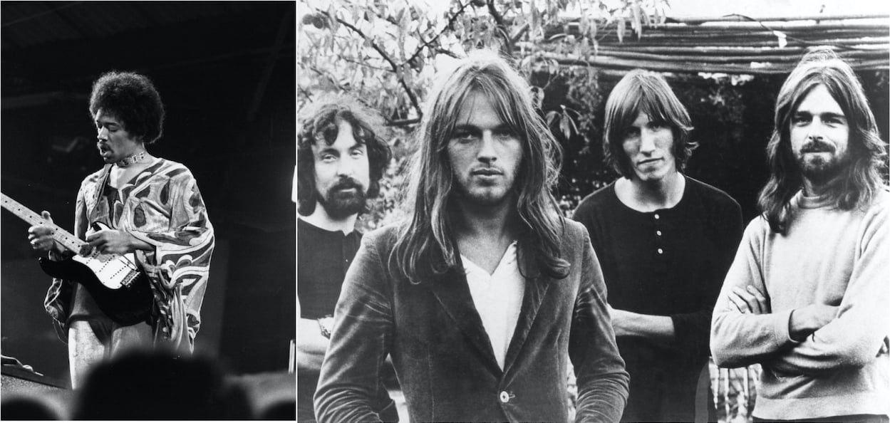 Jimi Hendrix plays a concert at the Isle of Wight in 1970; Pink Floyd (from left) Nick Mason, David Gilmour, Roger Waters, and Rick Wright.