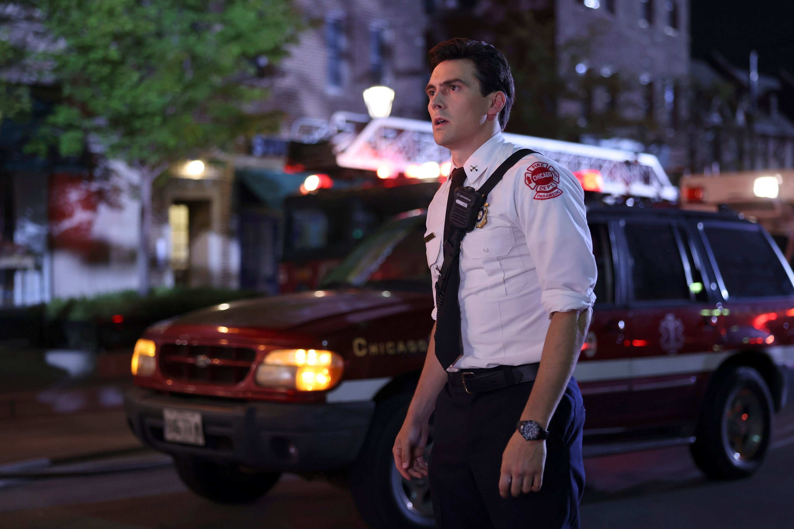 Jimmy Nicholas in uniform as Evan Hawkins in 'Chicago Fire' Season 11 Episode 3