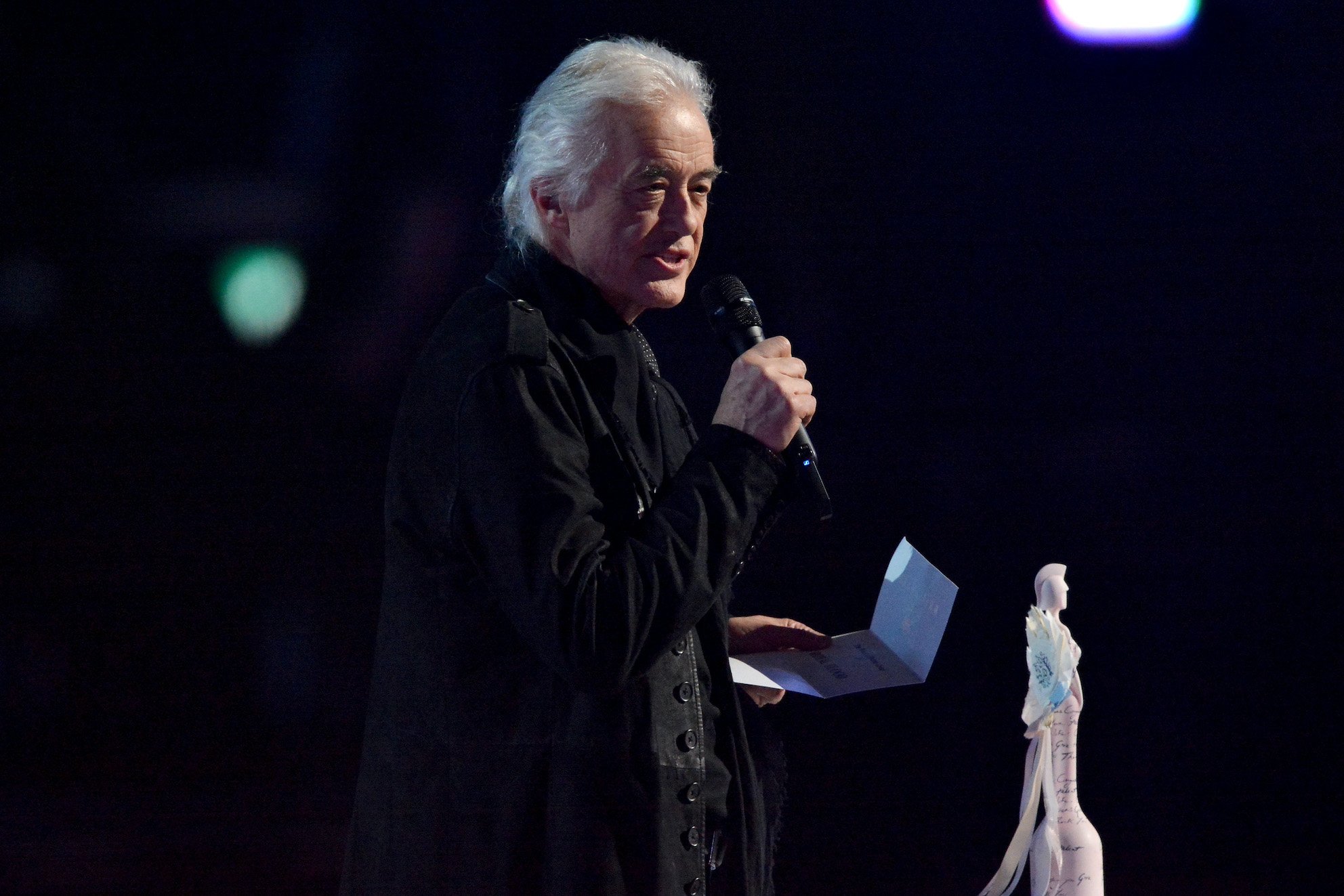 Jimmy Page speaks on stage at the 2015 BRIT Awards