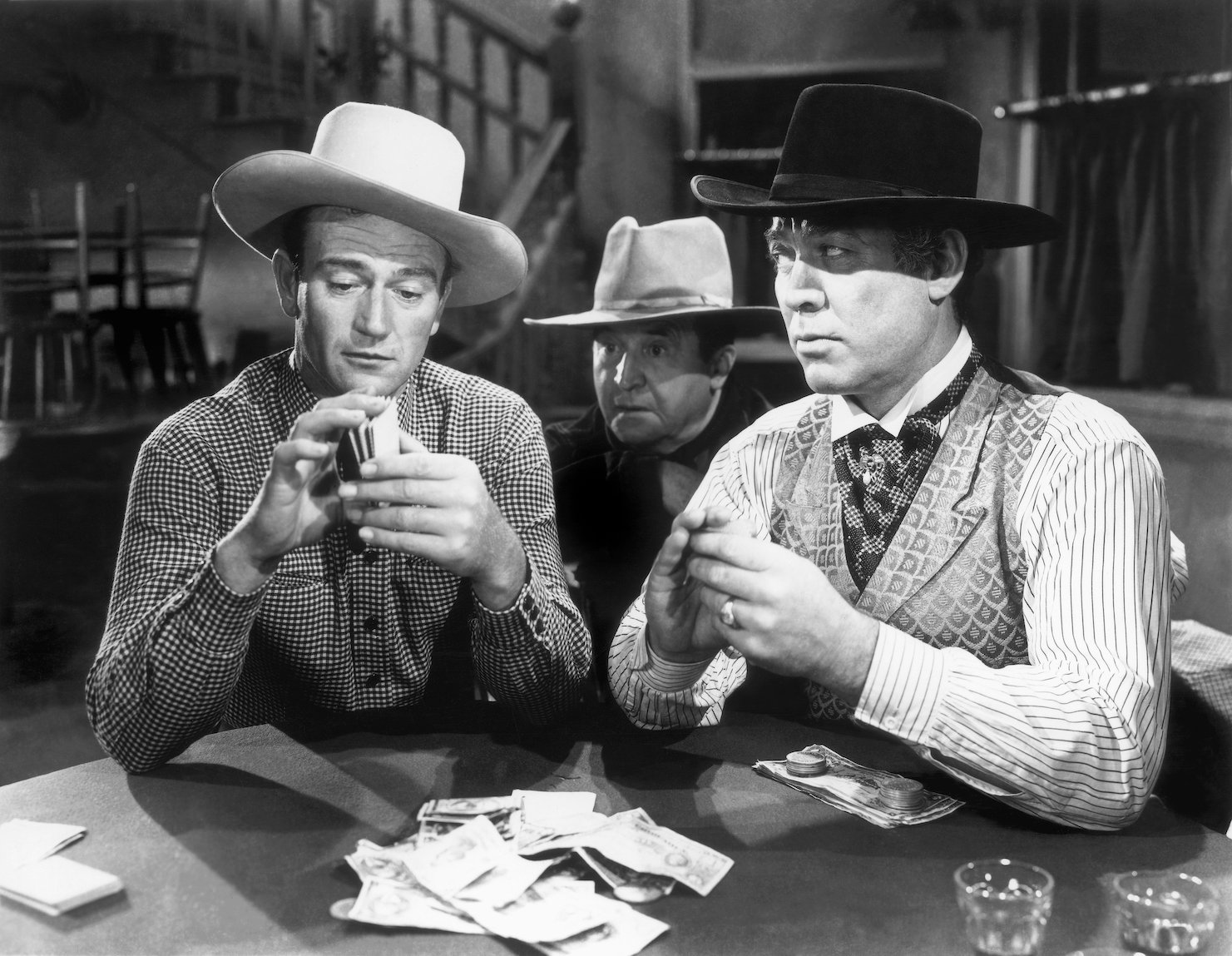 A black and white photo of John Wayne and 'Wagon Train' star Ward Bond 