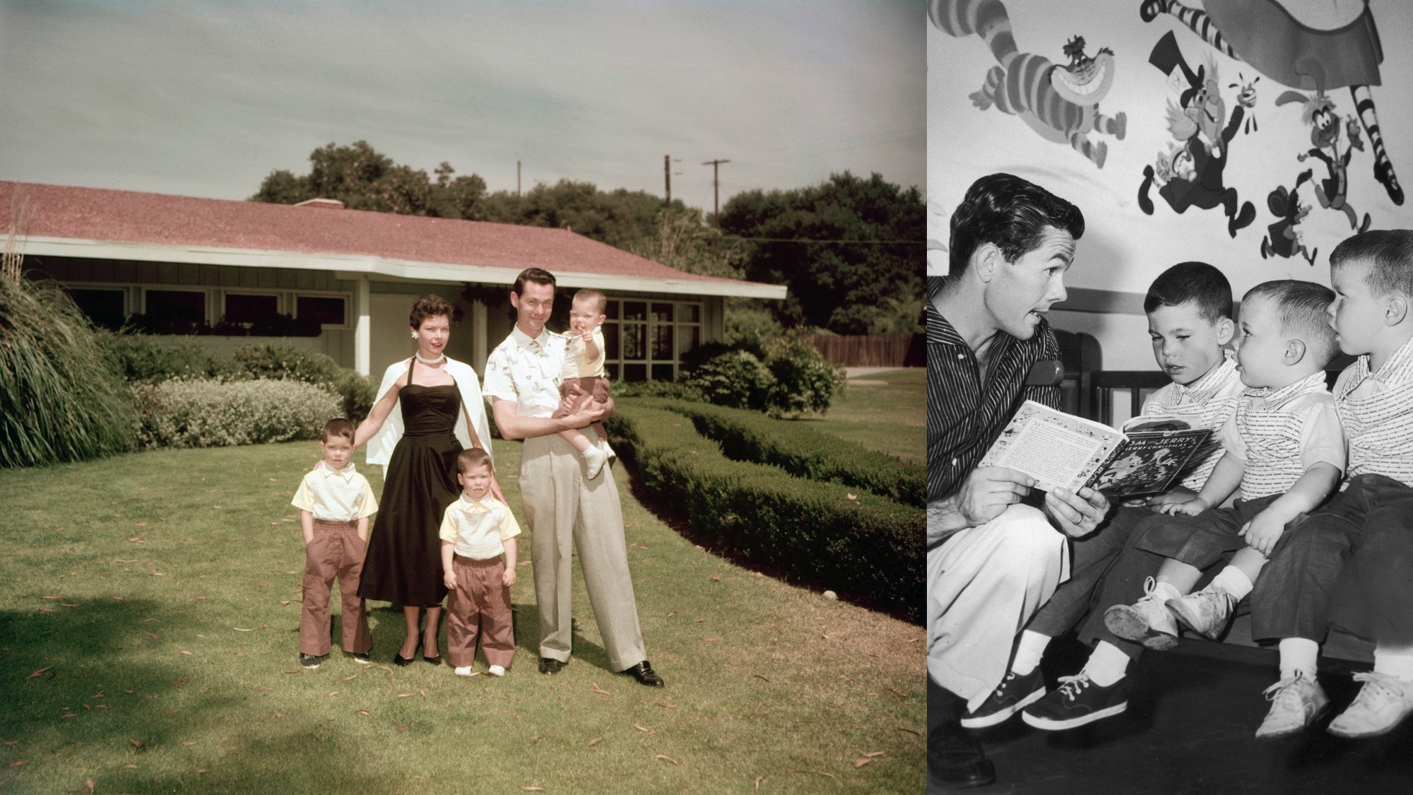 (L) Johnny Carson with his first wife Jody Wolcott and their sons (left to right) Christopher, Richard, and Cory at their home in Encino, California, circa 1955. (R) Johnny Carson kneels while he reads a children's book to his sons.
