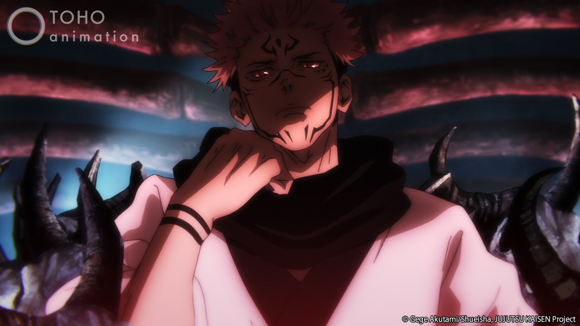Sukuna in 'Jujutsu Kaisen' for our list of horror anime. He's sitting on a throne and resting his chin on his fist.