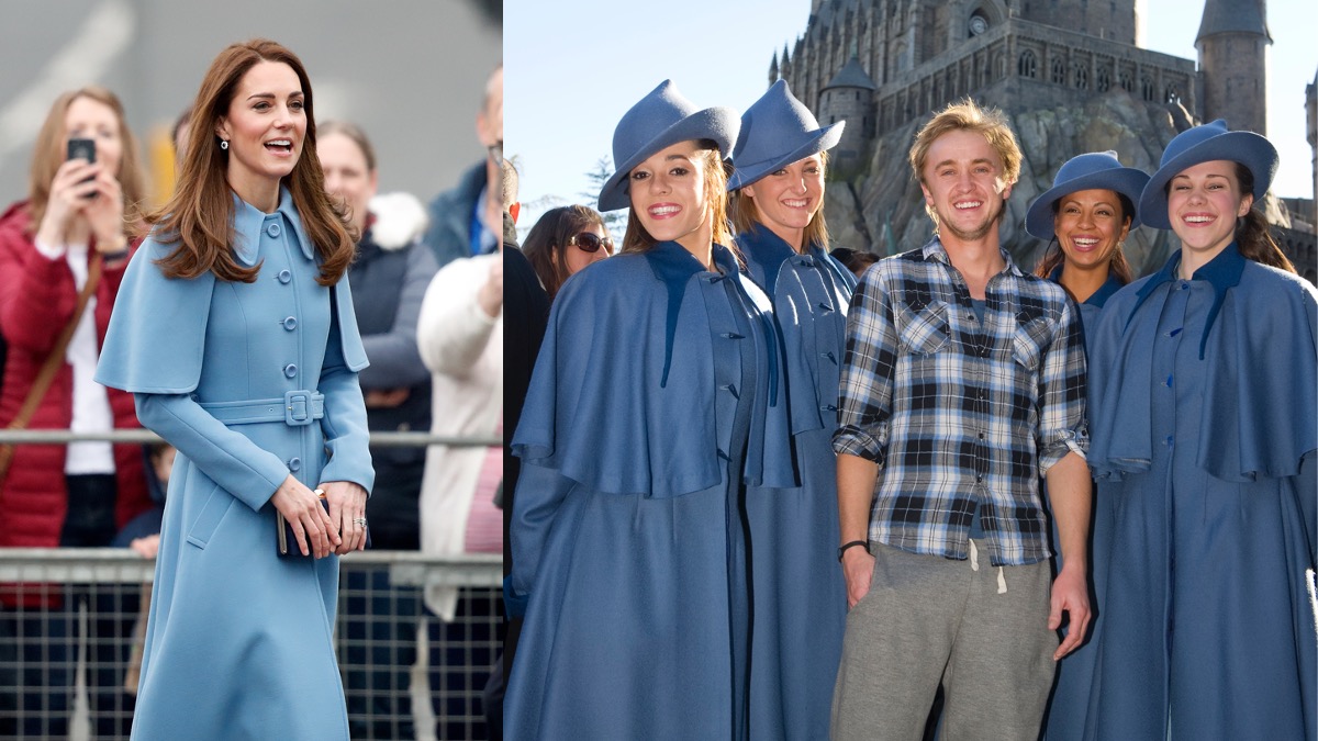 (L) Kate Middleton visits CineMagic at the Braid Arts Centre on February 28, 2019 in Ballymena, Northern Ireland (R) Tom Felton, who portrays Draco Malfoy in the blockbuster Harry Potter film series, visits with the Beauxbatons at The Wizarding World of Harry Potter during his recent visit to Universal Orlando Resort 
