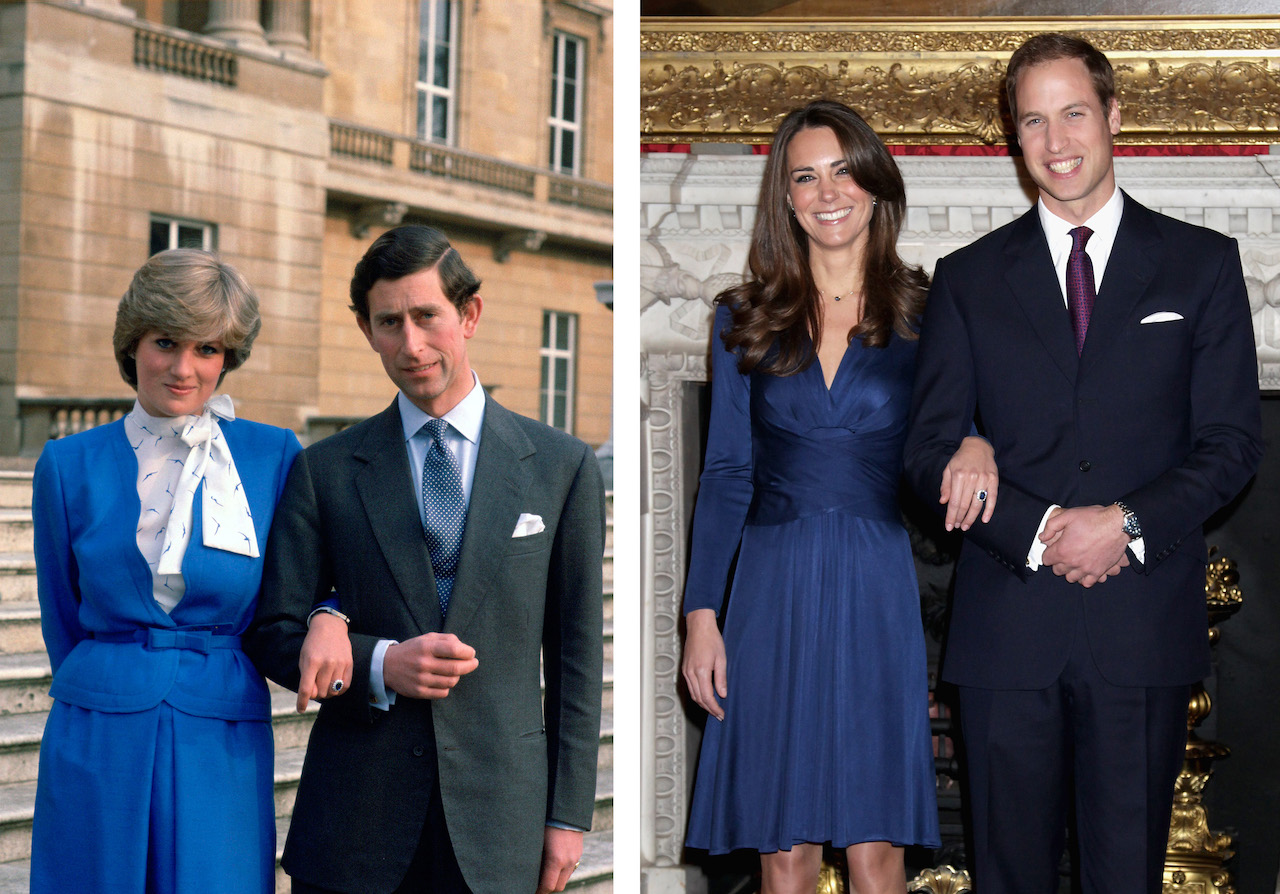 (L) Princess Diana and King Charles III on the day they announced their engagement. (R) Prince William and Kate Middleton pose for engagement. photographs.