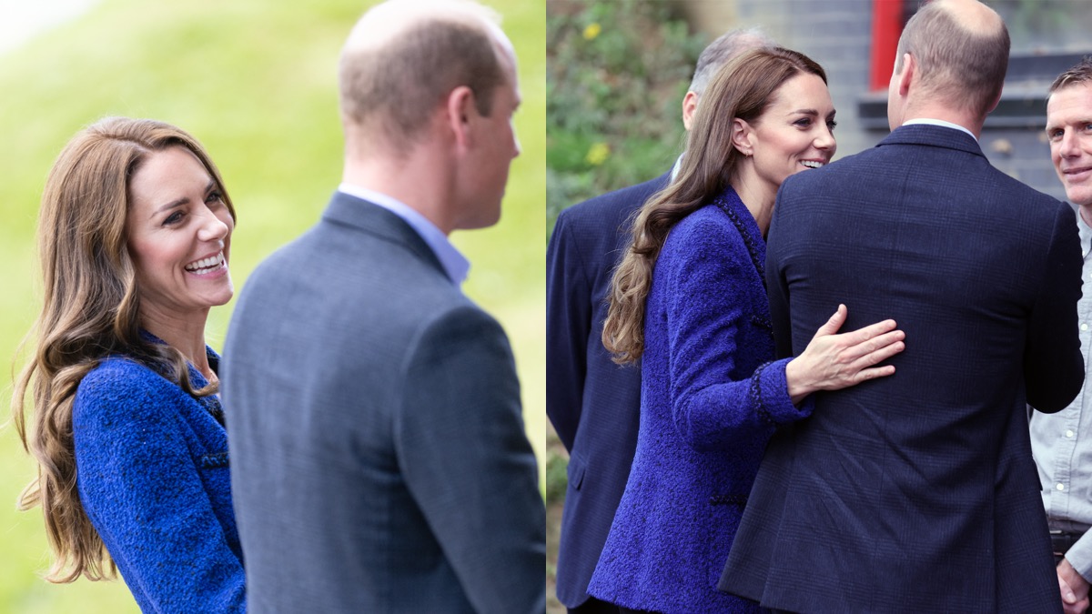 (L) Kate Middleton smiles at Prince William; (R) Kate Middleton rests a hand on Prince William's back. Kate Middleton's body language shows she's Prince William's 'greatest fan,' according to an expert.