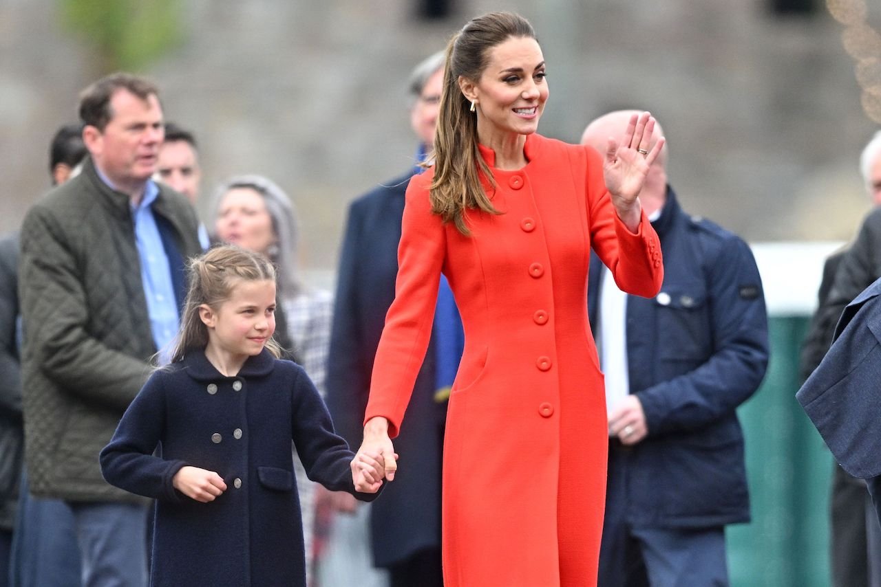 Kate Middleton and Princess Charlotte of Cambridge depart after a visit to Cardiff Castle on June 04, 2022, in Cardiff, Wales.