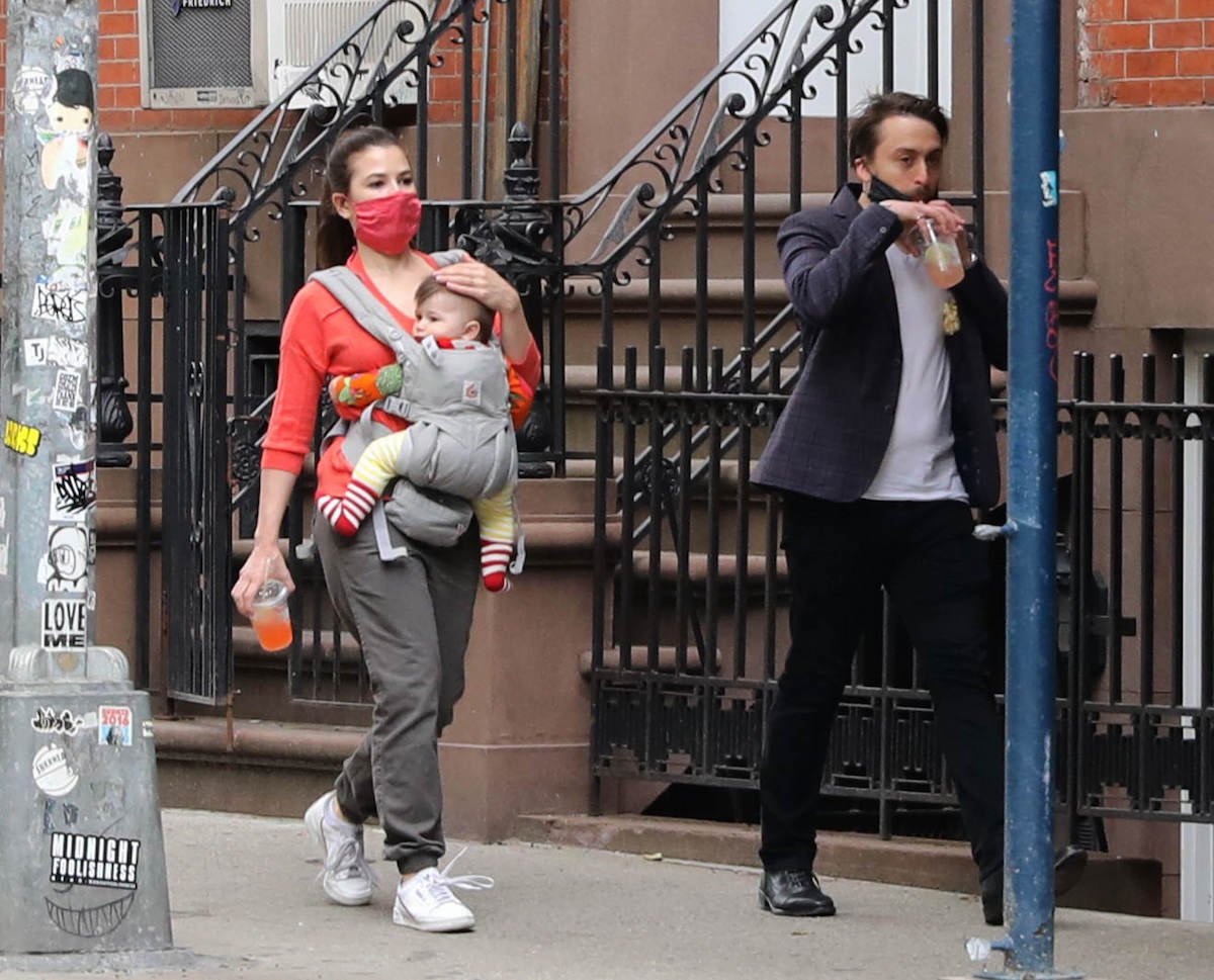 Actor Kieran Culkin and wife Jazz Charton are seen walking in New York City with their baby Kinsey Sioux