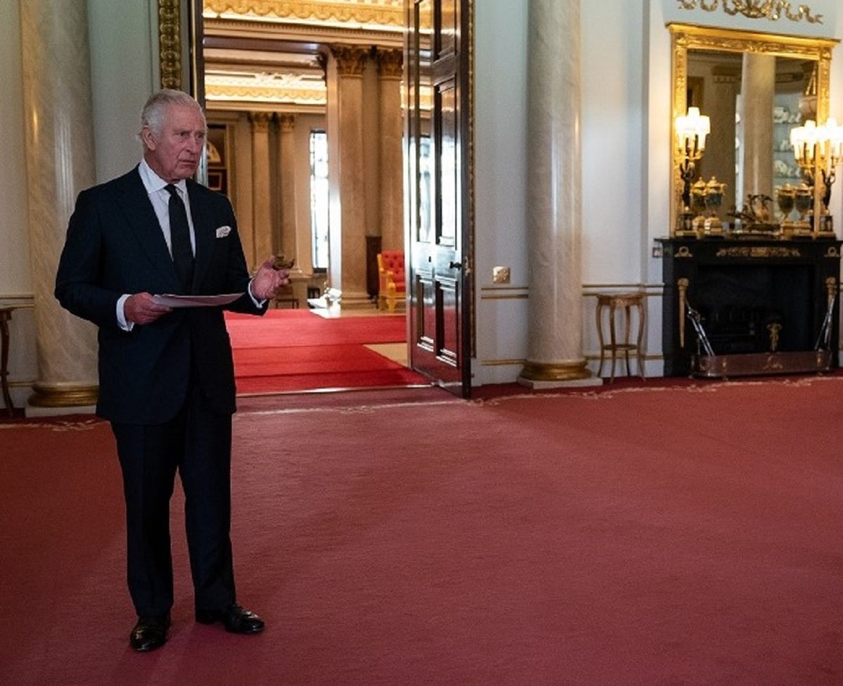 King Charles III, who now owns several palaces, delivers a speech to faith leaders during a reception at Buckingham Palace