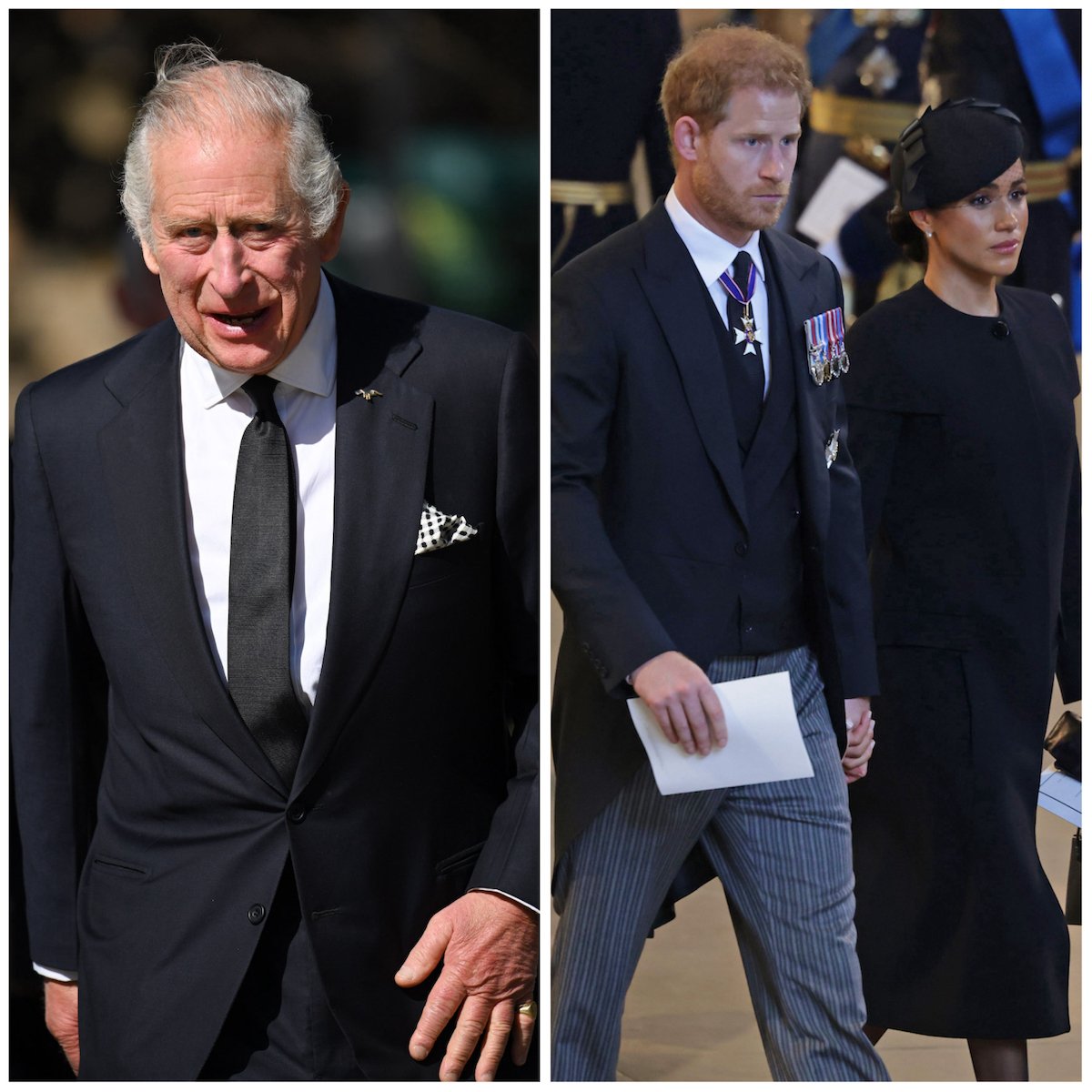 King Charles, who may show his 'ruthless side' if Prince Harry and Meghan Markle trash the monarchy, according to Katie Nicholl, in Oct. 2022; Prince Harry and Meghan Markle in Sept. 2022