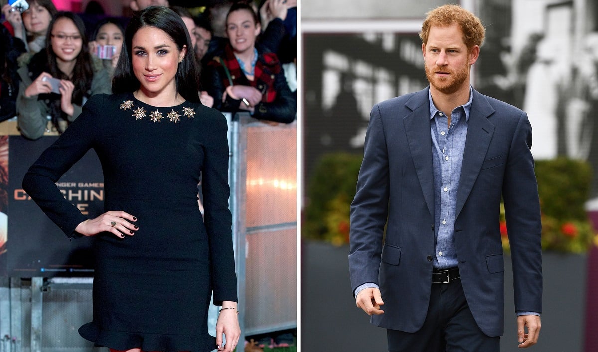 (L) Meghan Markle posing on the red carpet at the world premiere of the film The Hunger Games Catching Fire, (R) Prince Harry,who reportedly had a crush on Meghan's Suits character, visiting Lord's cricket ground in London