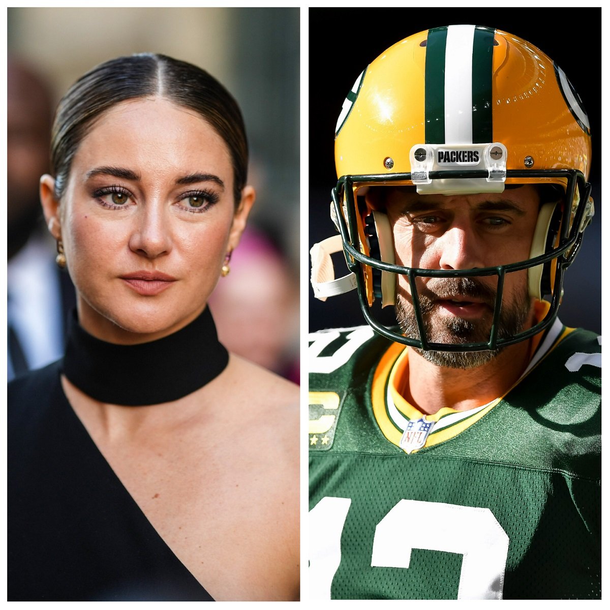 (L) Shailene Woodley photographed during Paris Fashion Week, (R) Aaron Rodgers photographed during game against the New York Giants